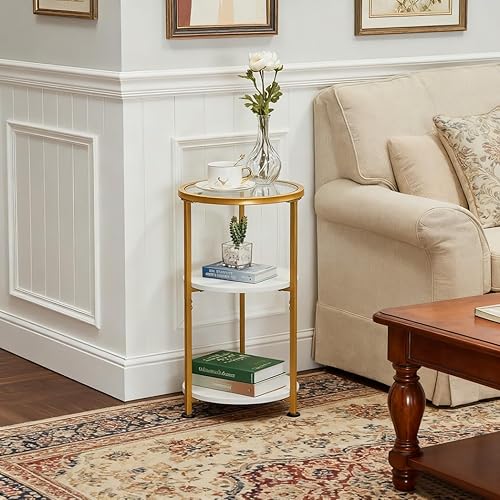 Miniatura 8 de Mesa auxiliar de cristal, mesa auxiliar redonda pequeña de vidrio templado con estantes de almacenamiento de 3 niveles para espacios pequeños, mesa