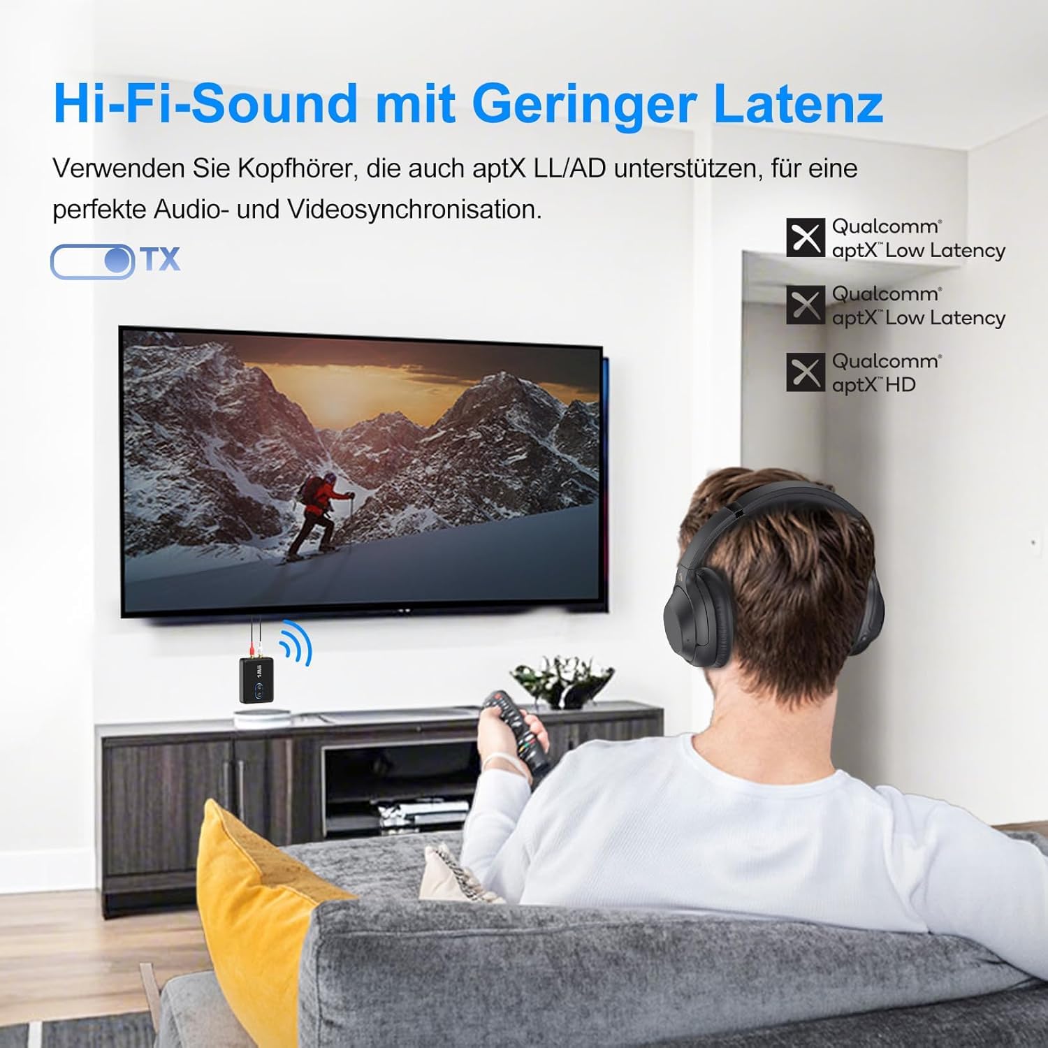 1Mii ML302+ Bluetooth 5.3 Sender Empfänger für TV & Stereoanlage, Audio Adapter mit aptX LL/HD/Adaptive, Dual Link für 2 Kopfhörer und Lautsprecher, AUX 3,5 mm RCA Cinch, 30 Std Akkulaufzeit
