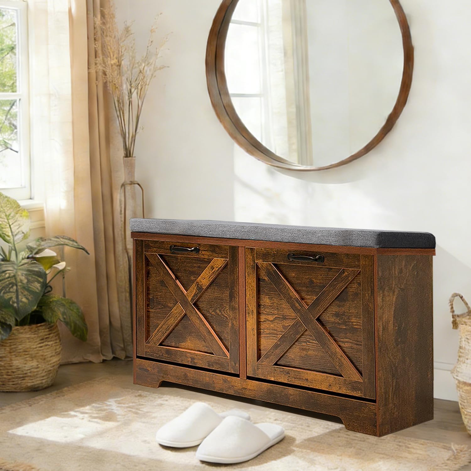 Brown Shoe Bench with Storage, Mudroom Benches with 2 Flip Drawers, Short Shoe Cabinet with Seat Cushion, Shoe Cabinet with Bench for Entryway, Hallway, Living Room