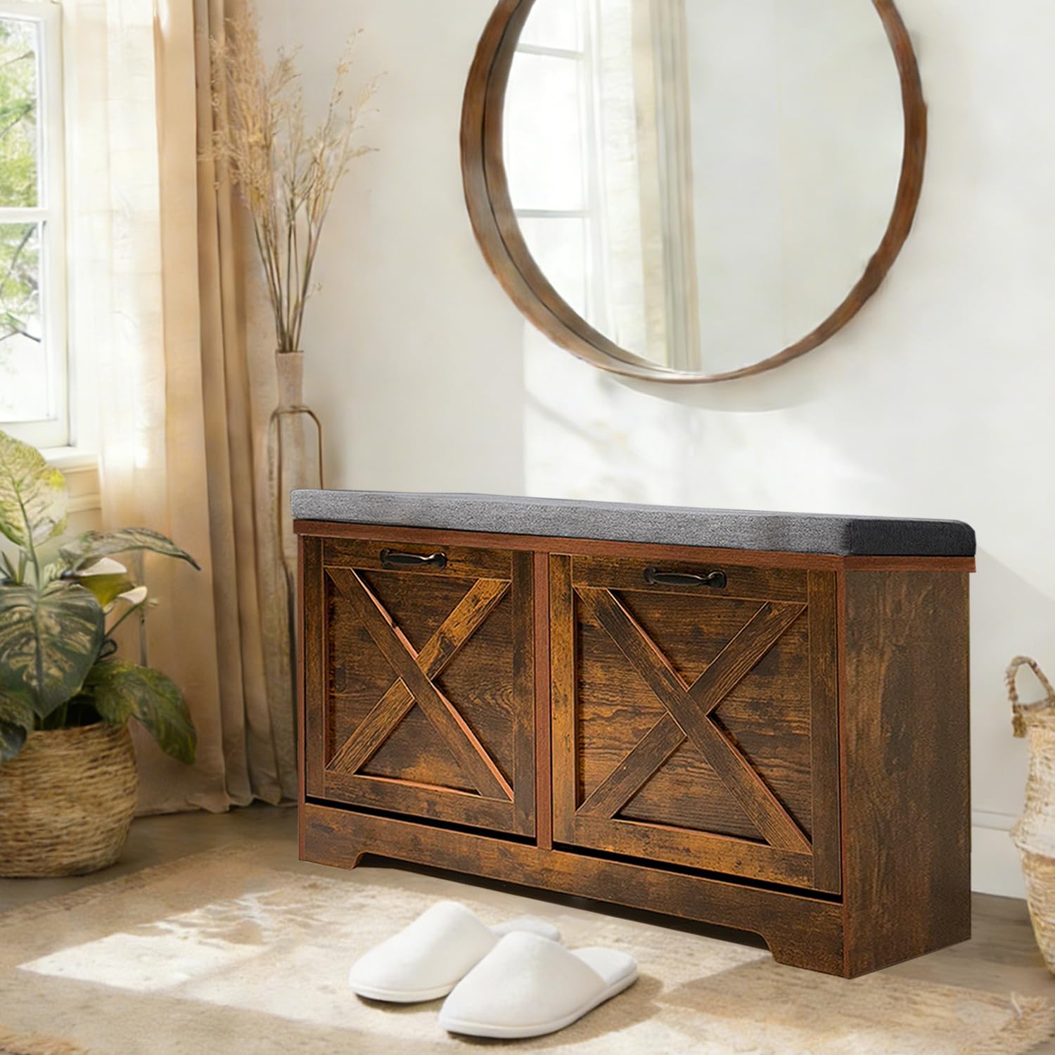 Brown Shoe Bench with Storage, Mudroom Benches with 2 Flip Drawers, Short Shoe Cabinet with Seat Cushion, Shoe Cabinet with Bench for Entryway, Hallway, Living Room