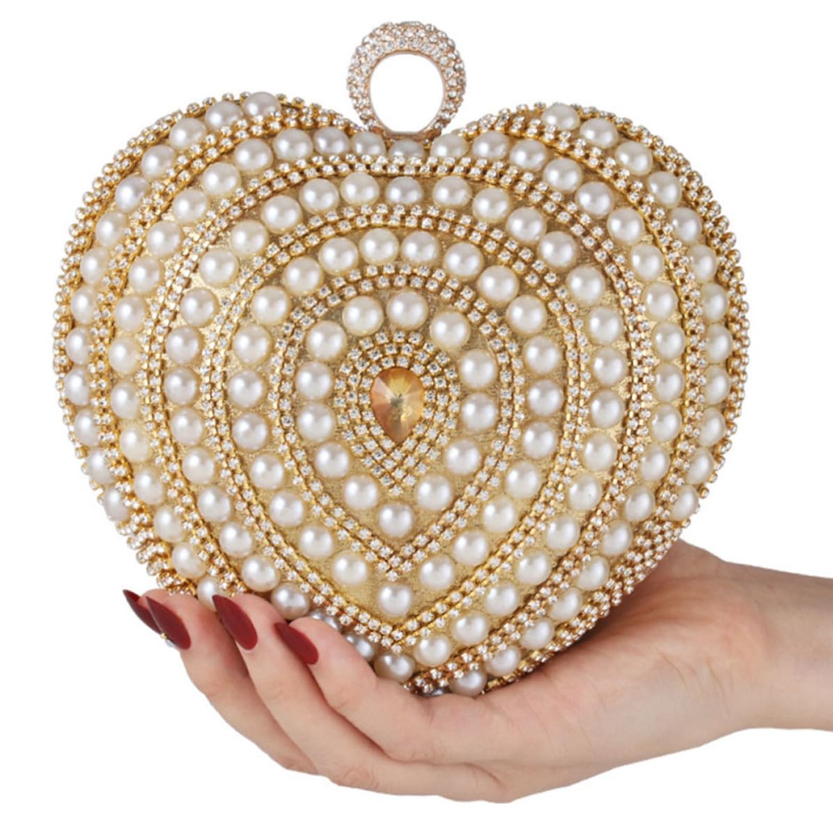 PRETYZOOM Borsetta da Sera Elegante a Forma di Cuore con Decorazioni Brillanti, Borsa Donna in Poliestere e Metallo, Piccola Pochette Oro per Party e Bar