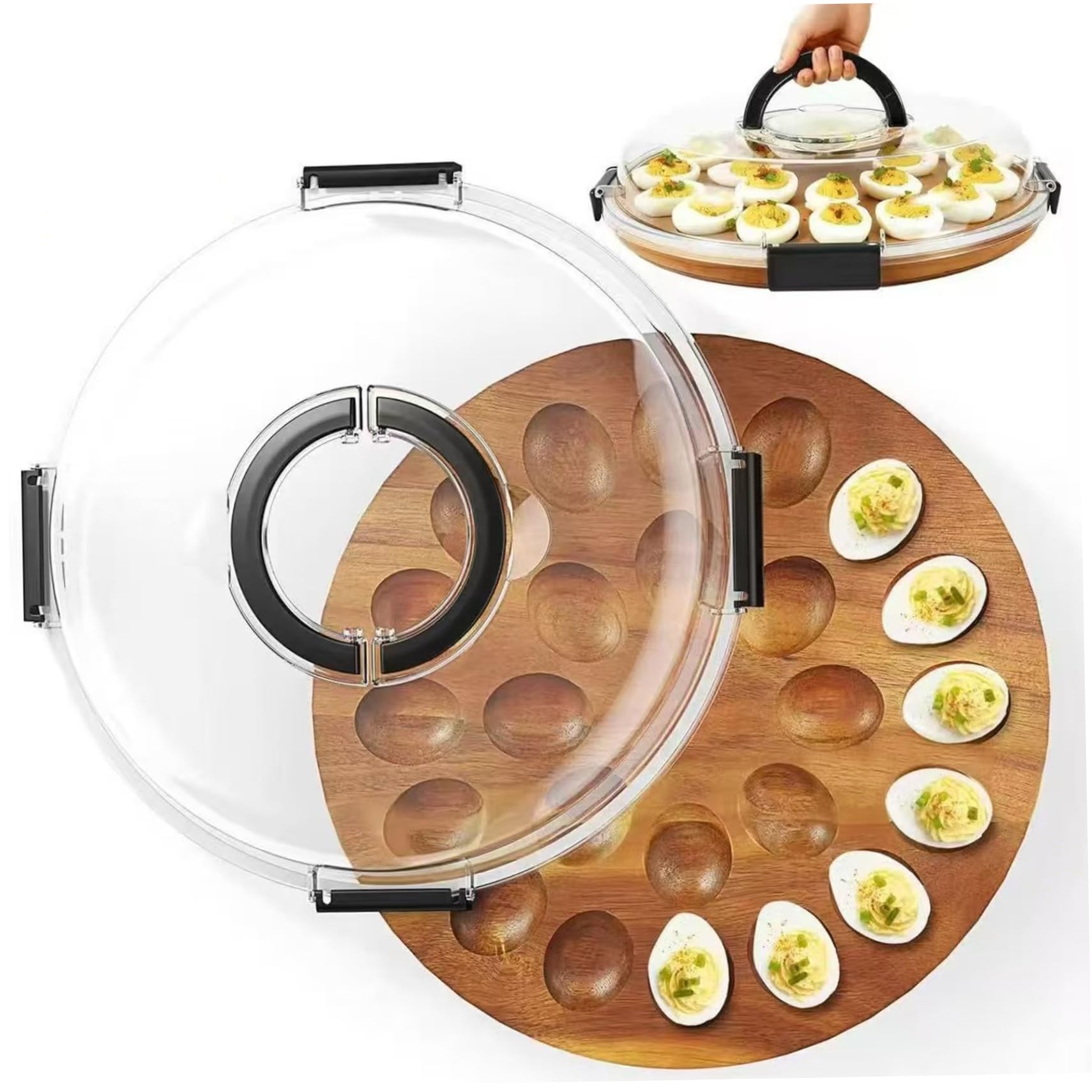 Cestas para huevos, bandeja para huevos rellenos con tapa, plato relleno de 24 compartimentos, soporte de madera de acacia con asa para fiestas, brunch, bufés