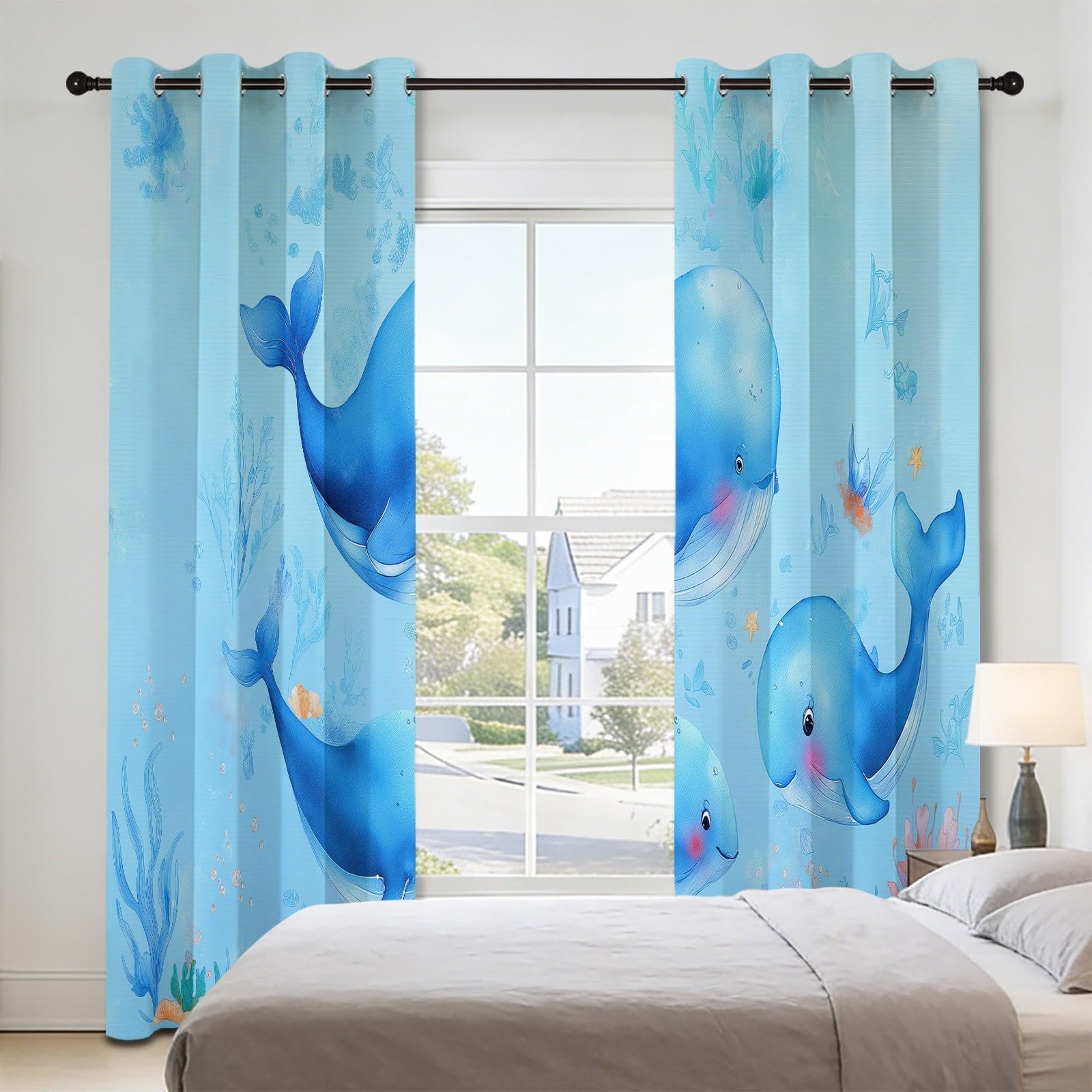 Tenda Mare Balena Corallo, Tenda Oscurante Termico Isolante Arazzo Opaco con Occhielli, Tendaggi Interni, Marina Cartoon Lenitivo Design per Soggiorno e Camera 2 Pezzi 140 x 160 H cm