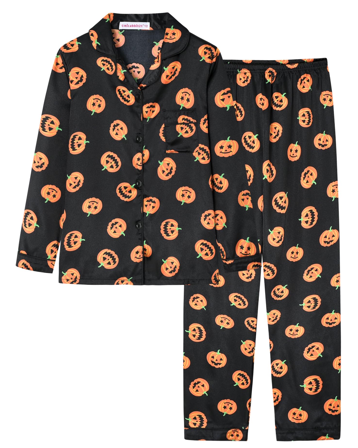 UNICABBIT21Satin Pajamas for Big Girls Unisex Kids Silk Button Down Long Sleeve & Pants PJS 2PCS Size 8-16