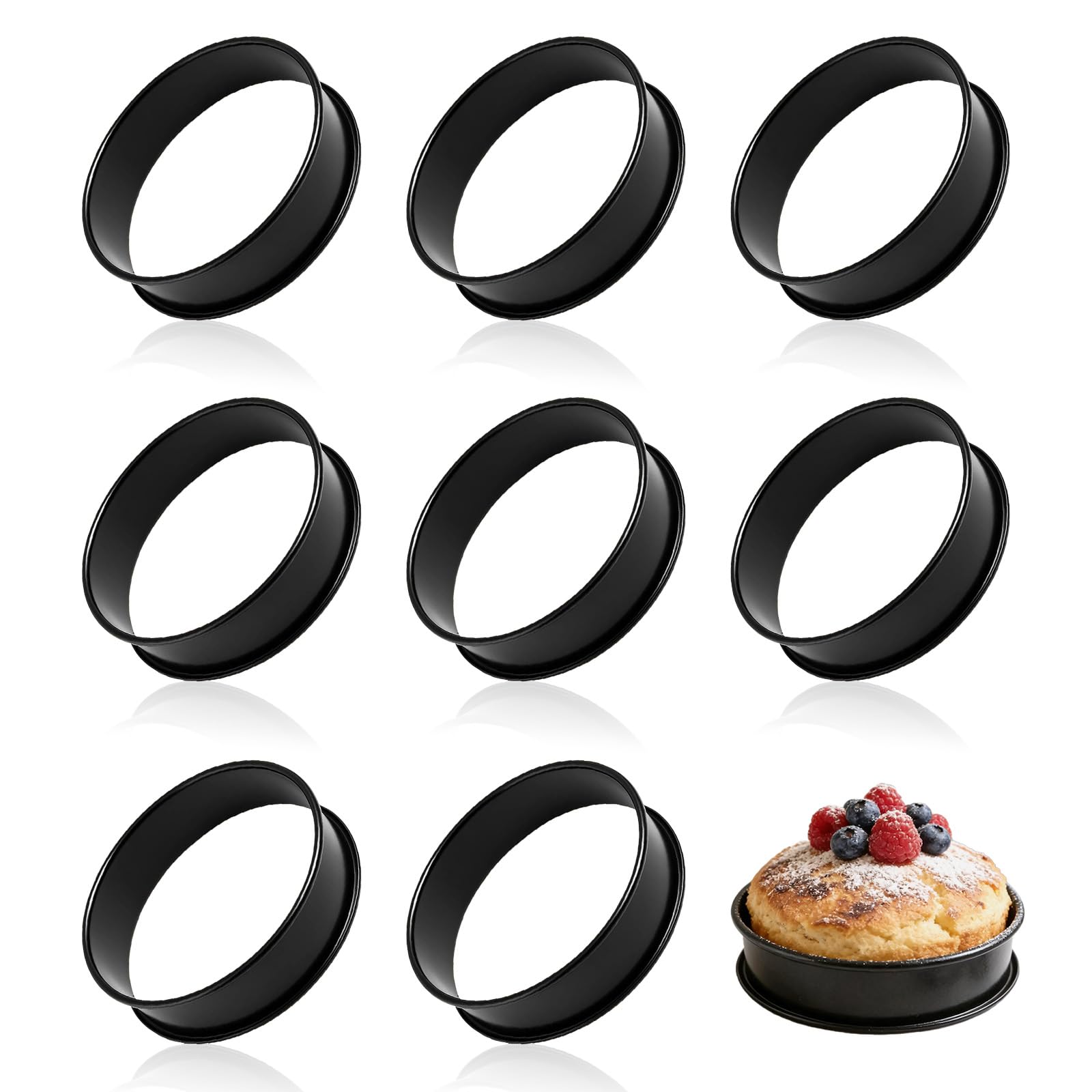8 Pcs Non - Stick Crumpet Rings, 8.5cm Round Baking Moulds for Pancake Egg Pastry Cookie & Kitchen Cooking Durable Metal Molds for Easy Frying & Baking (Black)