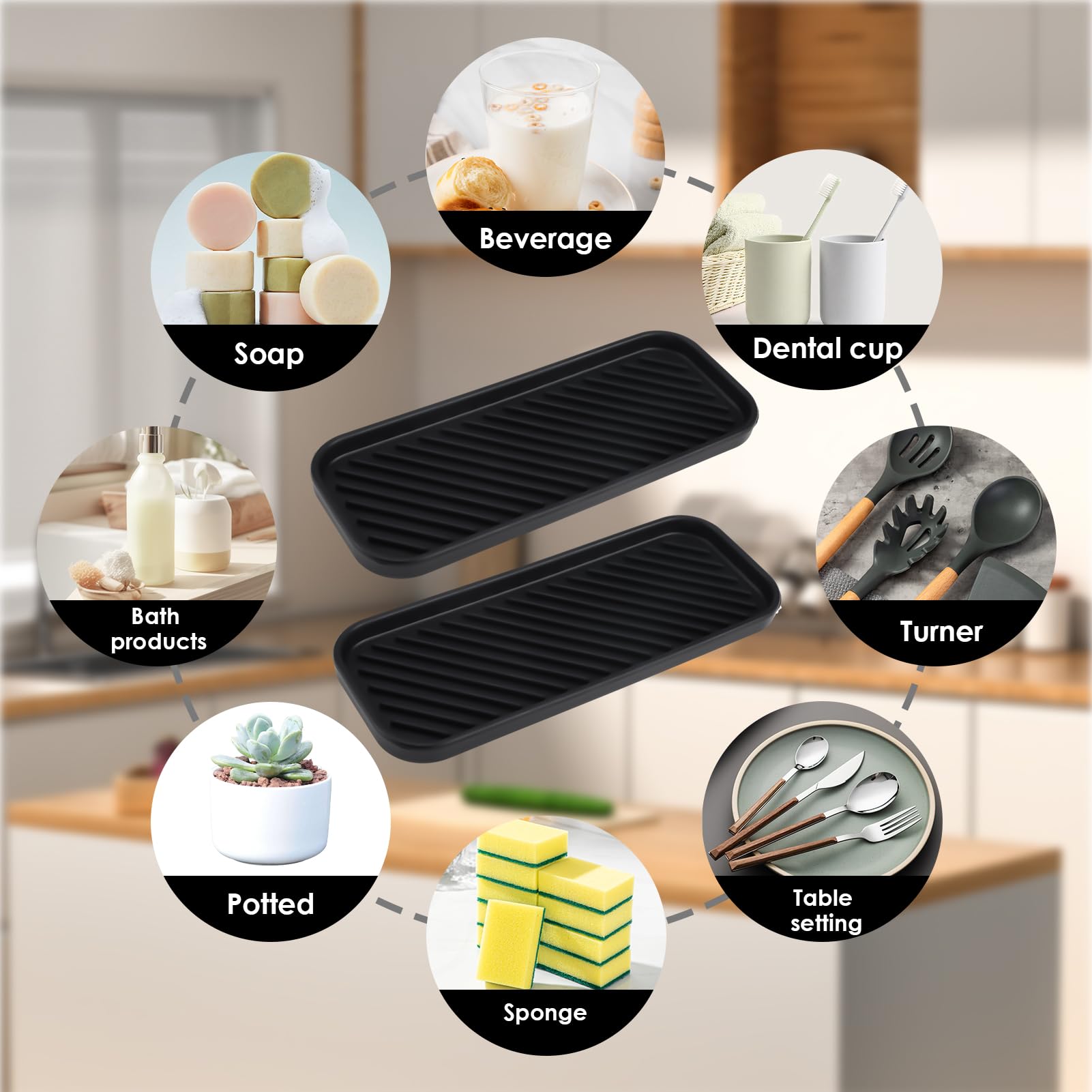 Leadfun Spoelbakorganizer, siliconen sponshouder, 30 cm x 11 cm, keuken, badkamer, organizer voor sponzen, borstels, zeep, afdruipmat, siliconen, vaatwasmachinebestendig (zwart, 1 stuk