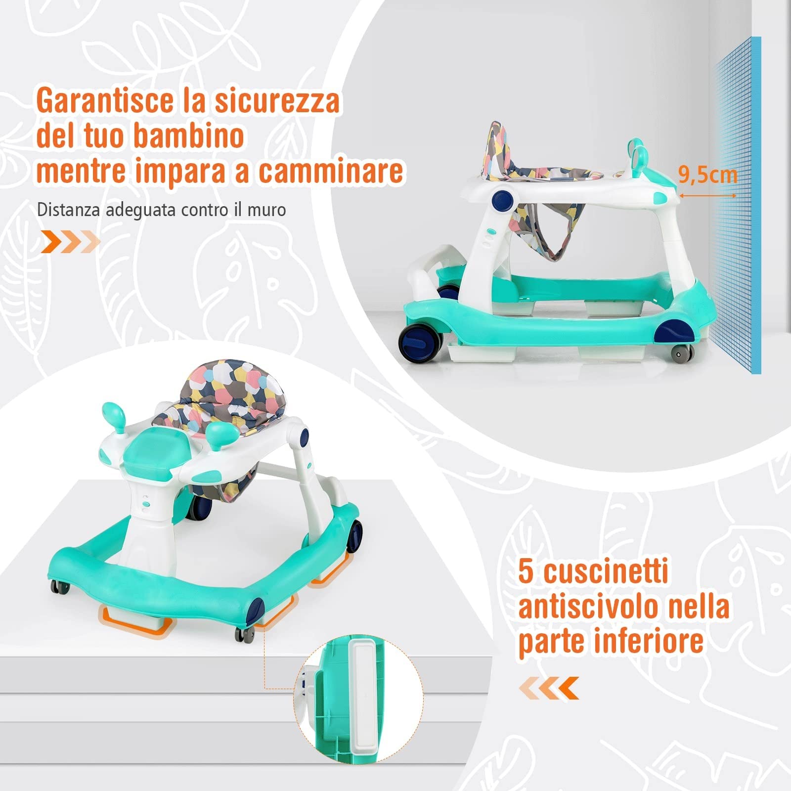 GYMAX Girello per Bambini, Design 2 in 1, con Sedile Regolabile e Ruote Universali, Girello Dotato di Illuminazione e Musica per Bambini dai 6 a 18 Mesi, 73 x 59,5 x 50,5cm (verde)