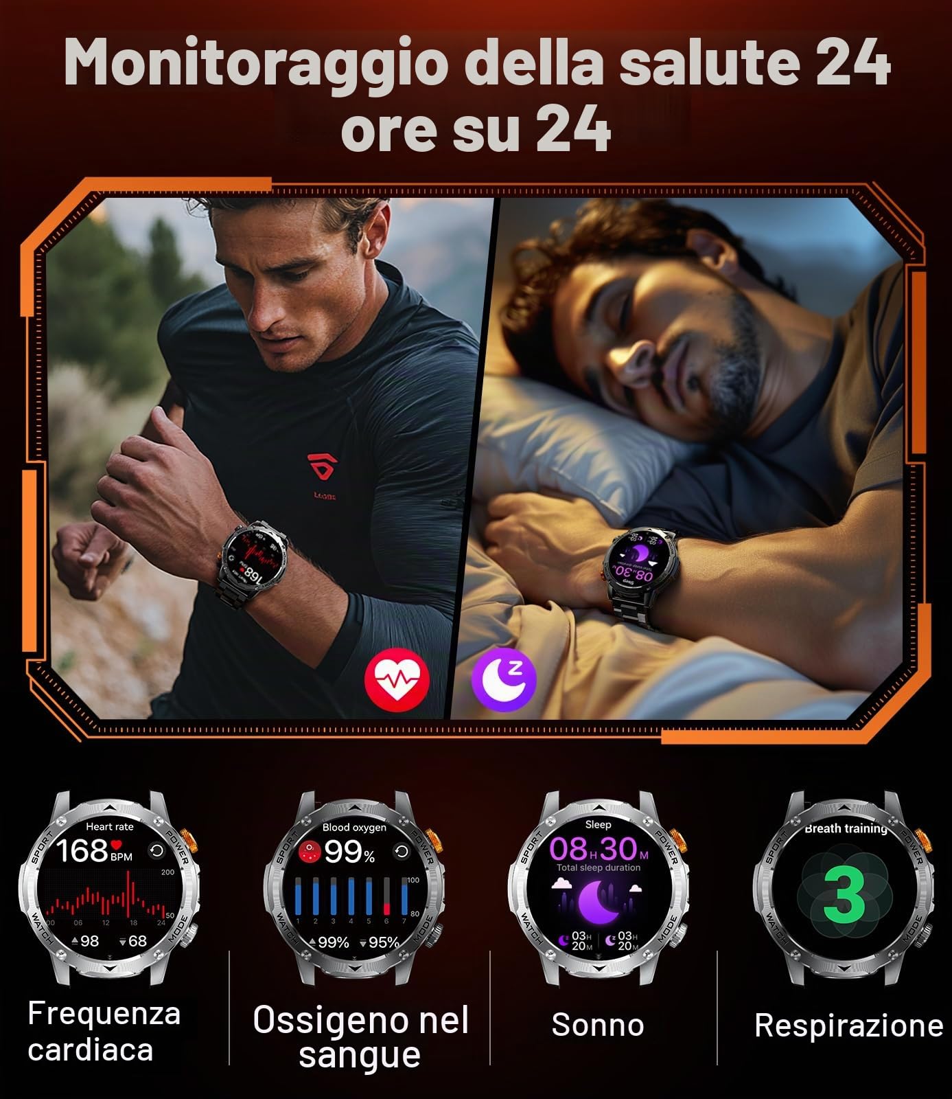 Smartwatch Uomo con 1000mAh/Torcia,1.75" Orologio Intelligente Fitness con Chiamate,5ATM Impermeabile Militari Smart Watch Tracker per Cardiofrequenzimetro SpO2,3 Cinturini, Nero