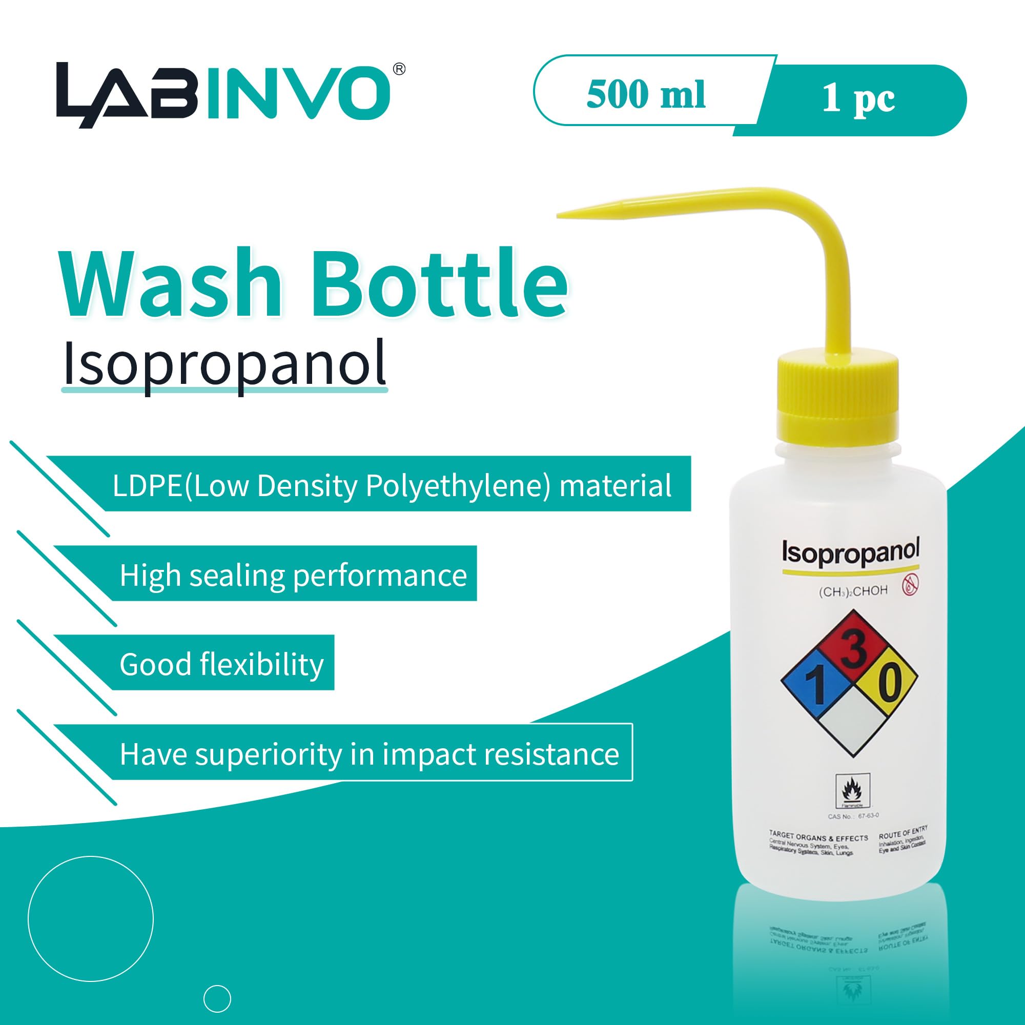 Bottiglia di lavaggio isopropanolo, 1 pezzo di Vol.500 ml (17 once), bocca stretta, bottiglie di lavaggio di sicurezza autoventilanti, materiale LDPE, IN-WBI501
