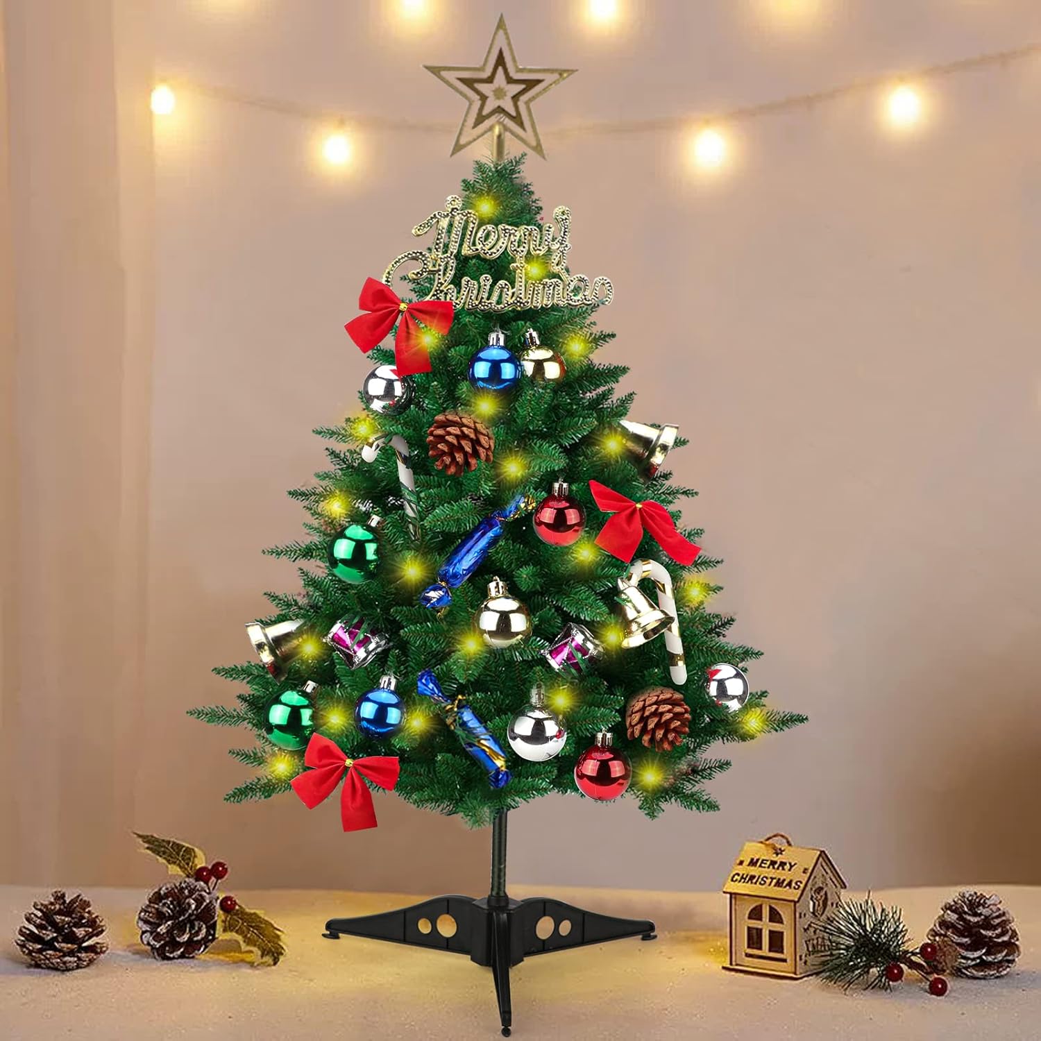 Árbol de Navidad de Mesa de 60 cm, FISHOAKY Mini arbol Navidad pequeño con Luces de Cadena LED, Árbol de Navidad Artificial con Adornos
