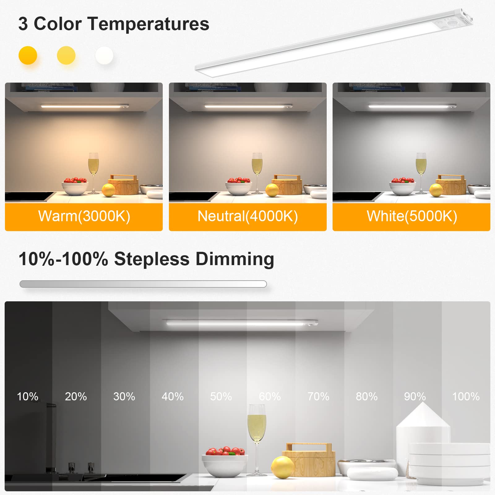 SIBI Under Cabinet LED Lights, 2 Pack 16 Inch Dimmable Motion Sensor Lights, 3 Color Temps USB-C Rechargeable Wireless Closet Lights Night Light for Kitchen, Wardrobe, Stair, Hallway