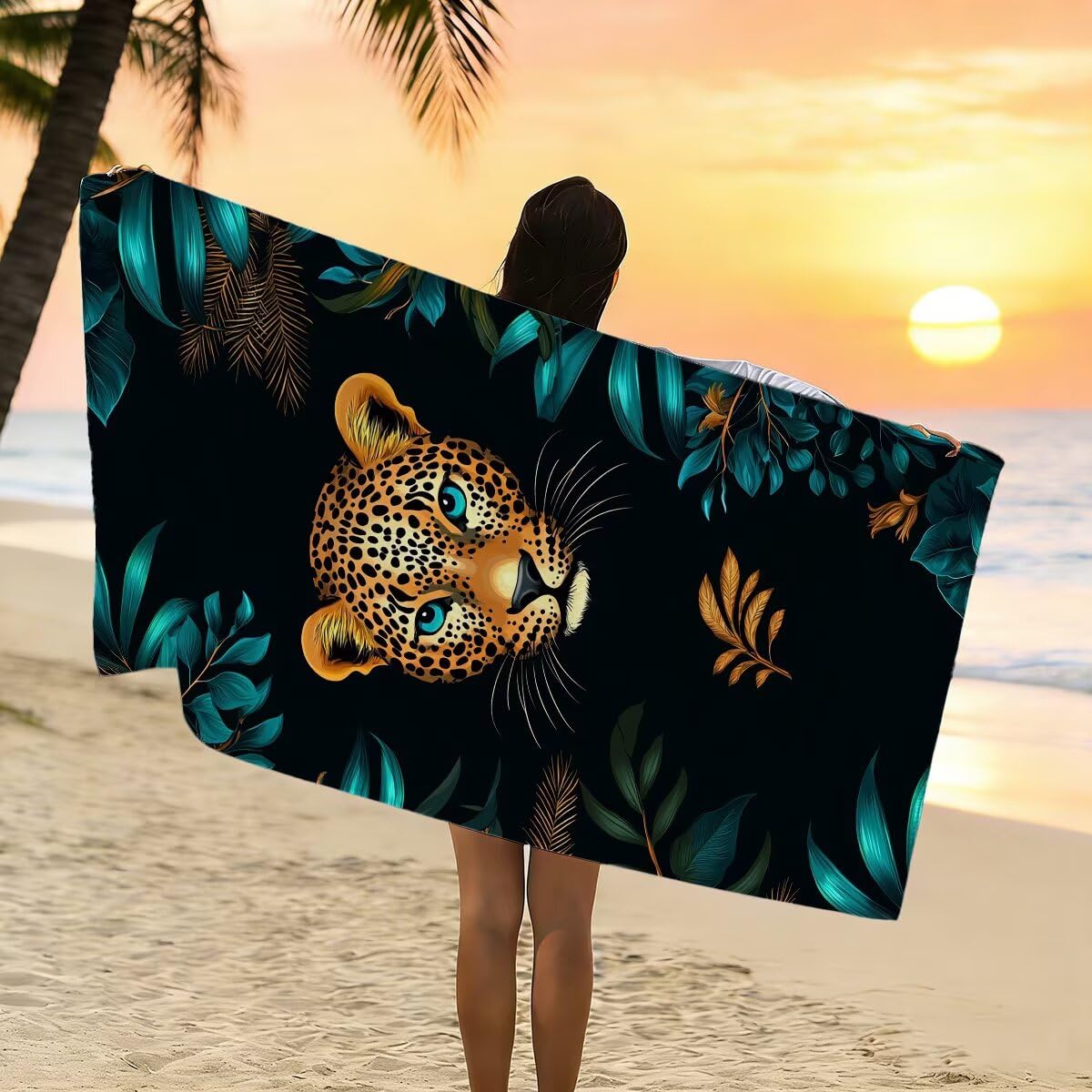 Telo Mare Microfibra, Telo Mare Grande 100x220cm 2 Pezzi, Asciugamano Palestra Donna Asciugatura Rapida, Antisabbia Asciugamano Microfibra, Leggero Asciugamani Palestra per Regalo (Leopardo) -4286
