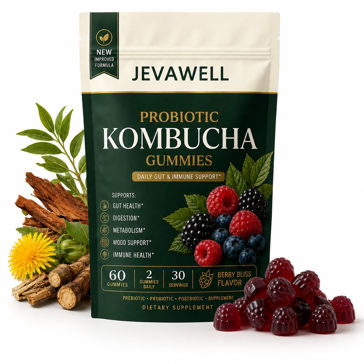 Probiotic Kombucha Gummies, 3-in-1 Prebiotics, Probiotics & Postbiotics, Daily Gut Support, Berry Flavor Vegan Gummies, 60 Count (1pack)