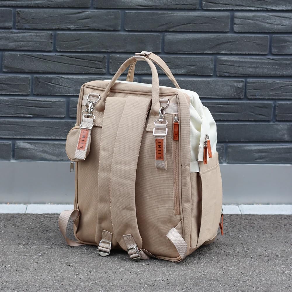LIINI Sac à dos à langer beige rPET - 29 l - En bouteilles PET recyclées - Compartiment imperméable pour vêtements mouillés - Compartiments pour bouteilles isolés - Avec matelas à langer et crochets