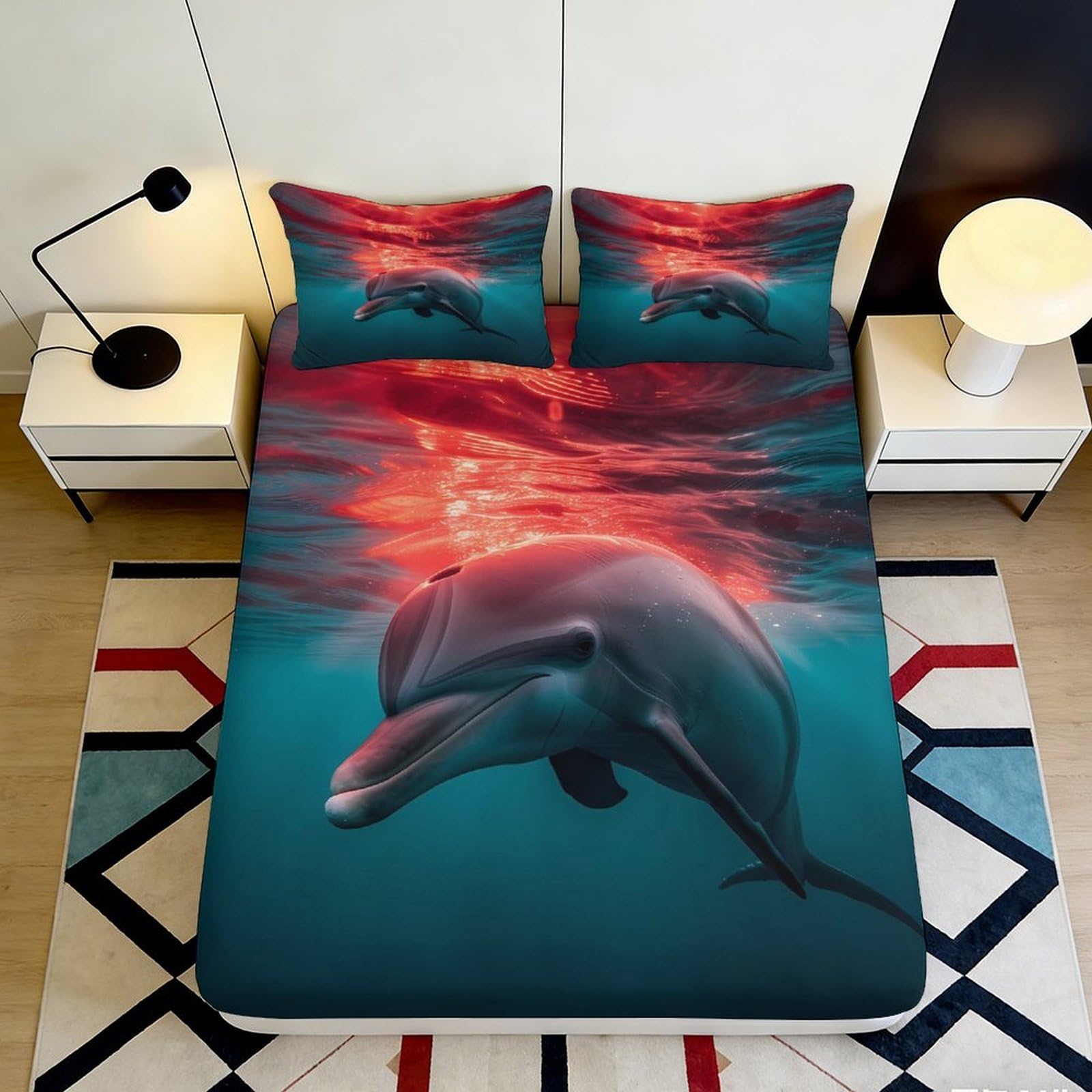3D Printed Dolphin Ocean Fitted Sheet Microfiber Soft Breathable Underwater Mattress Cover for Bedroom Dormitory Guest Room Mattress Protection Decor 140x200x25cm