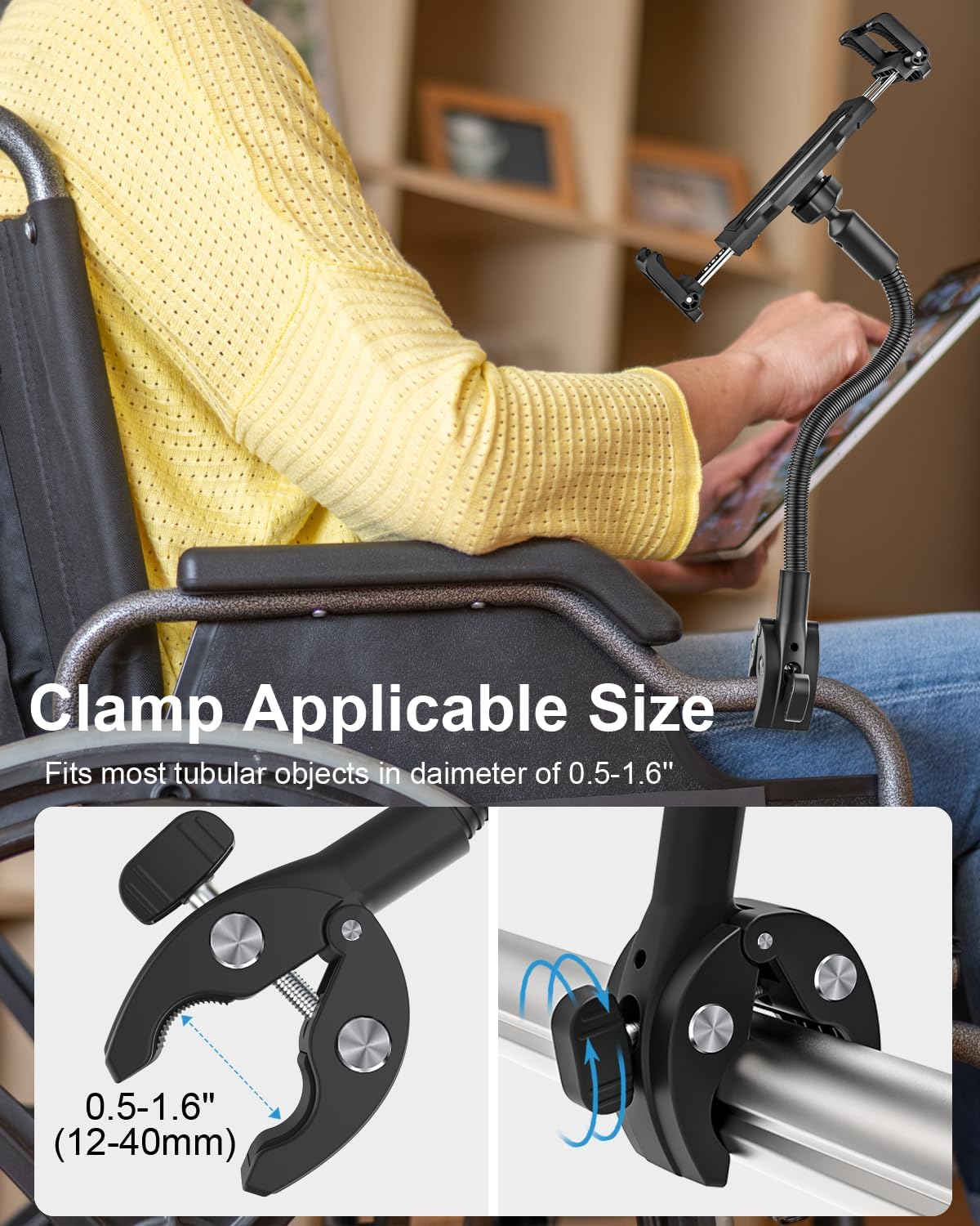 Gooseneck Spin Bike Tablet Holder [Large Clamp] [Thick Case Friendly] Treadmill Tablet Mount for Exercise Bike, Stationary Bicycle, Stroller, Wheelchair for iPad Pro Air Mini, Galaxy, iPhone (6-15.6”)