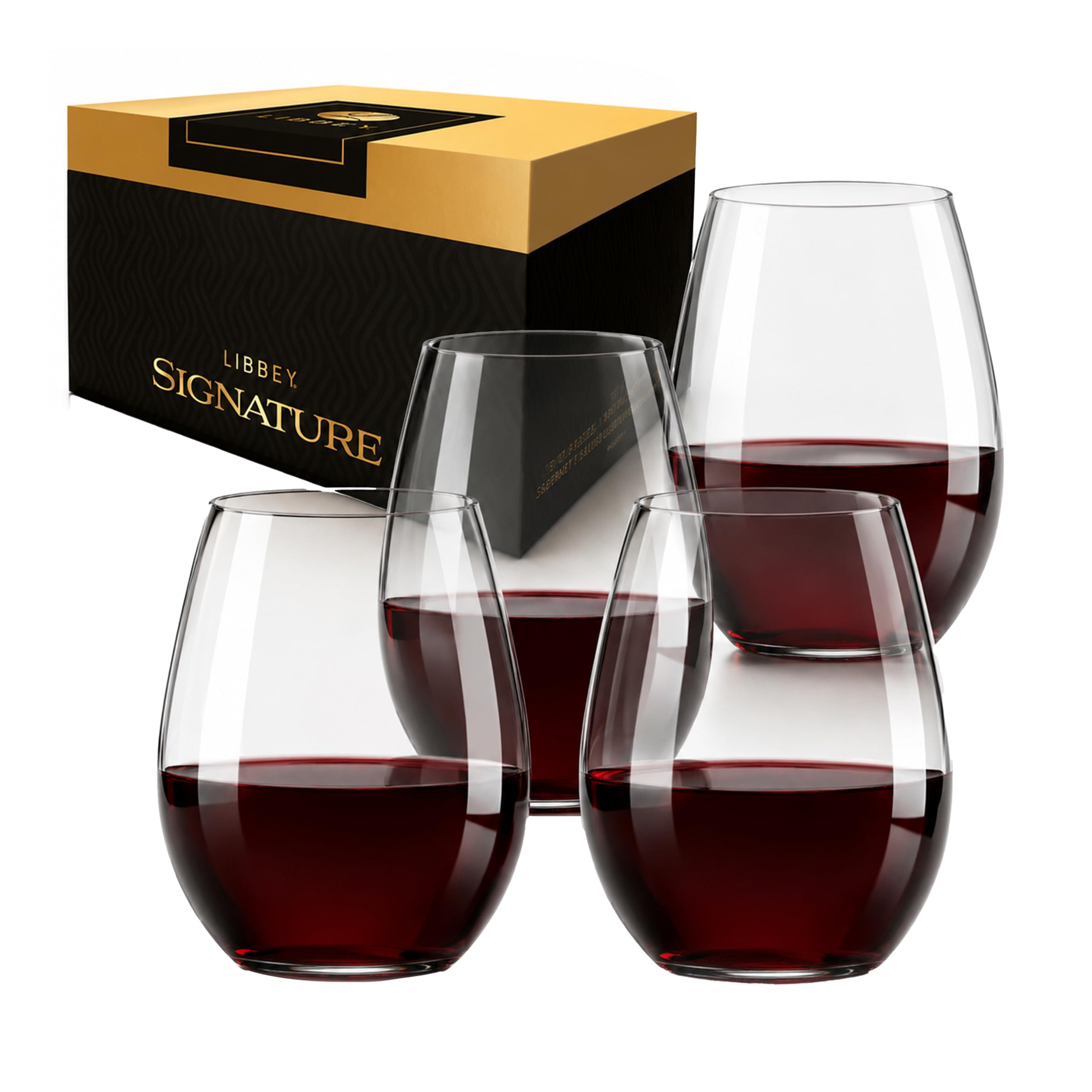 Signature Red Wine Glasses Set of 4, Elegant, Dishwasher Safe Glass Stemless Wine Glasses…