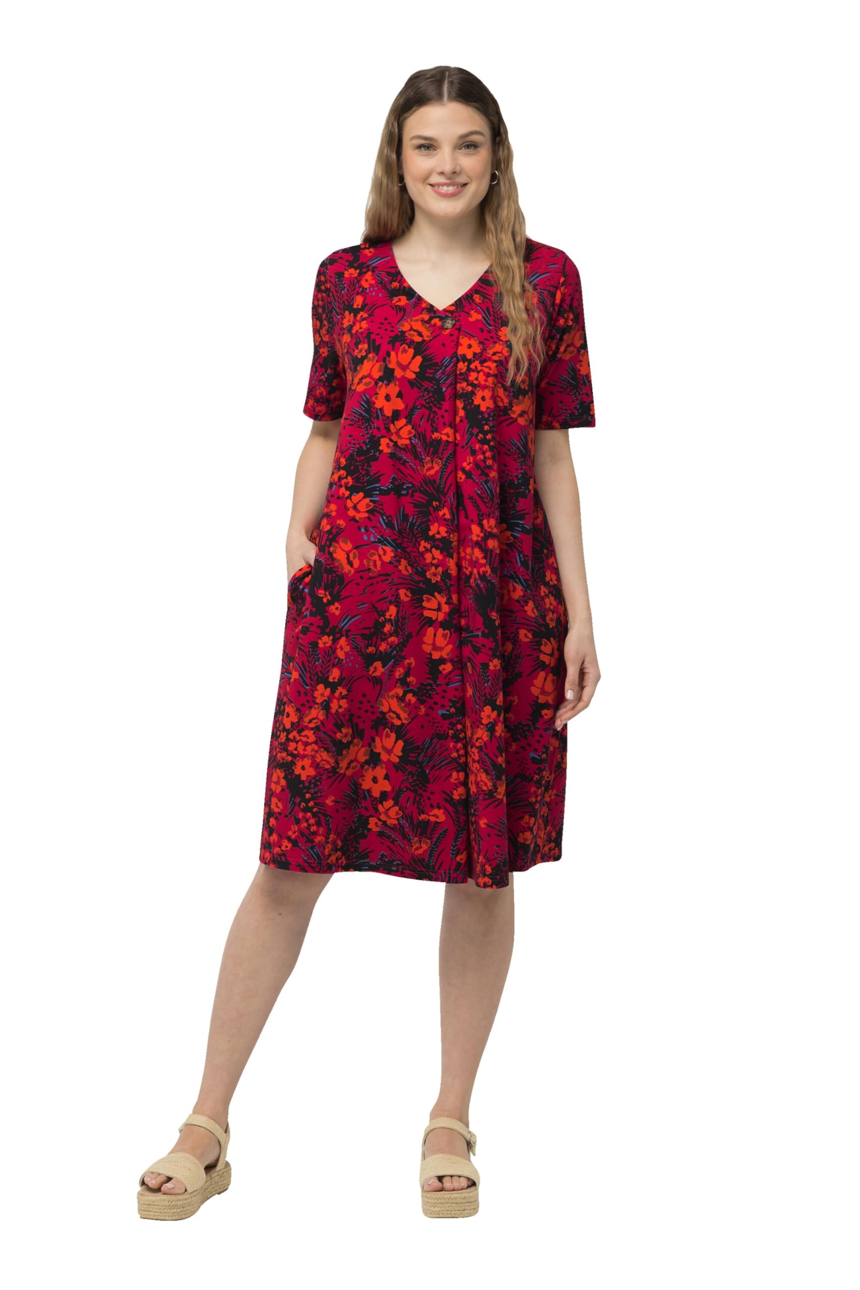 Ulla Popken Damen große Größen Übergrößen Plus Size Jersey-Midikleid, A-Linie, V-Ausschnitt, Halbarm 832018