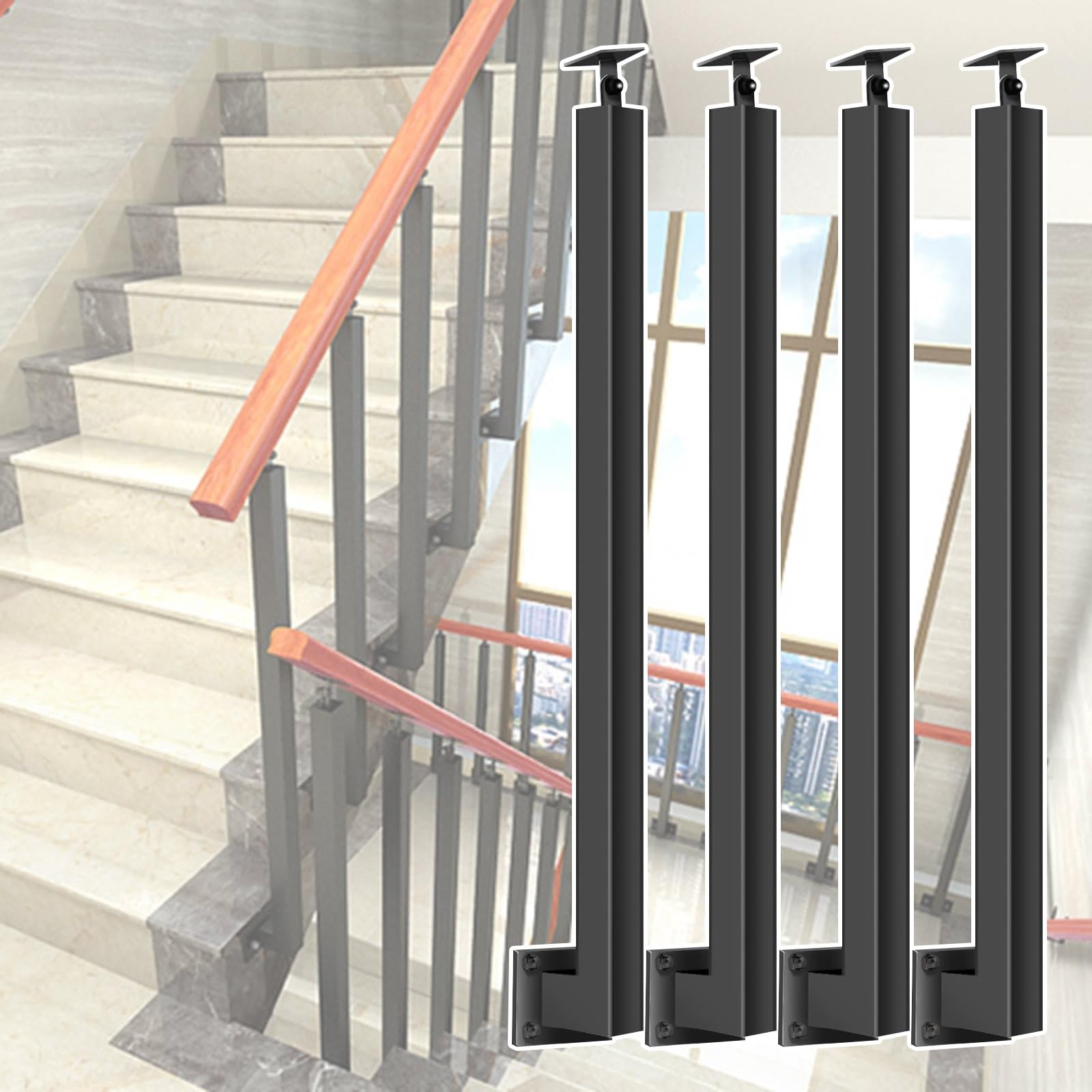Rampe d'escalier en fer noir kit de 4 balustres orientables 105 cm pour montage latéral
