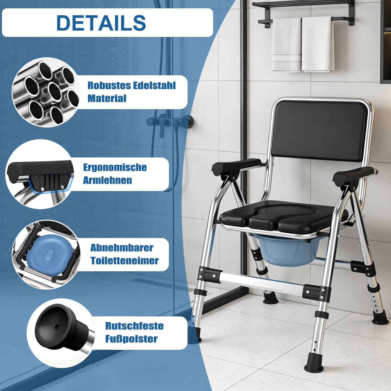 Klappbarer Toilettenstuhl, Höhenverstellbarer Nachtstuhl mit Gepolstertem Sitz, Tragbarer Toilettenstuhl mit Herausnehmbarem Eimer und Deckel für Schlafzimmer und Zuhause, Schwarz