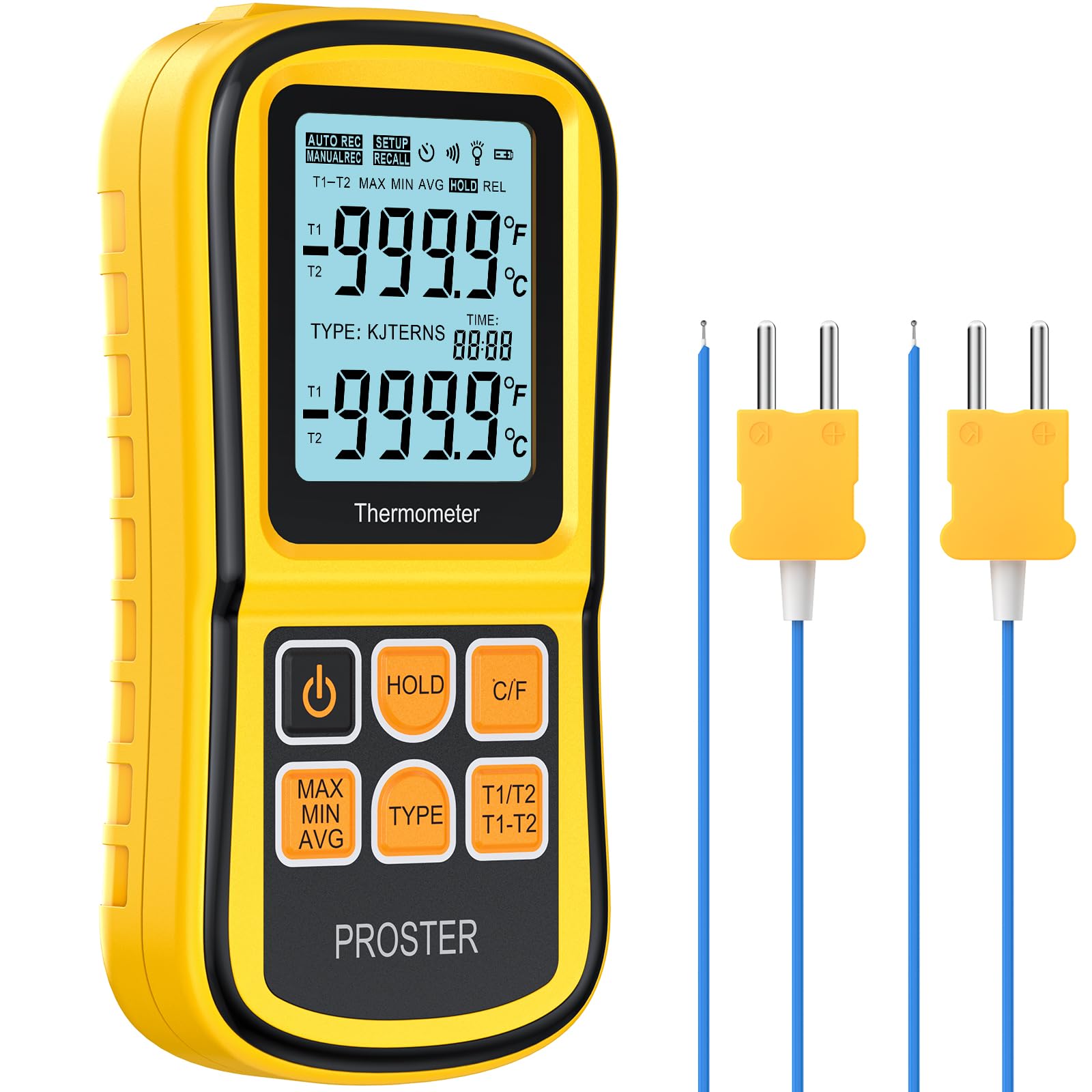 Proster Dual Channel Thermocouple Thermometer – K/J/T/E/R/S/N Types Digital Temperature Gauge, Multifunction Digital Thermometer with LED Backlight, Temperature Probe for Laboratory & Industrial Use