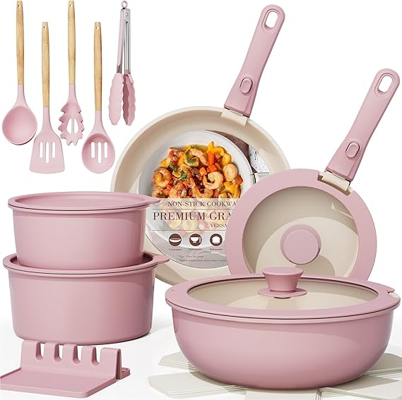 Astercook 21 Pcs Pots and Pans Non Stick Ceramic Cookware Set, Detachable Handles
