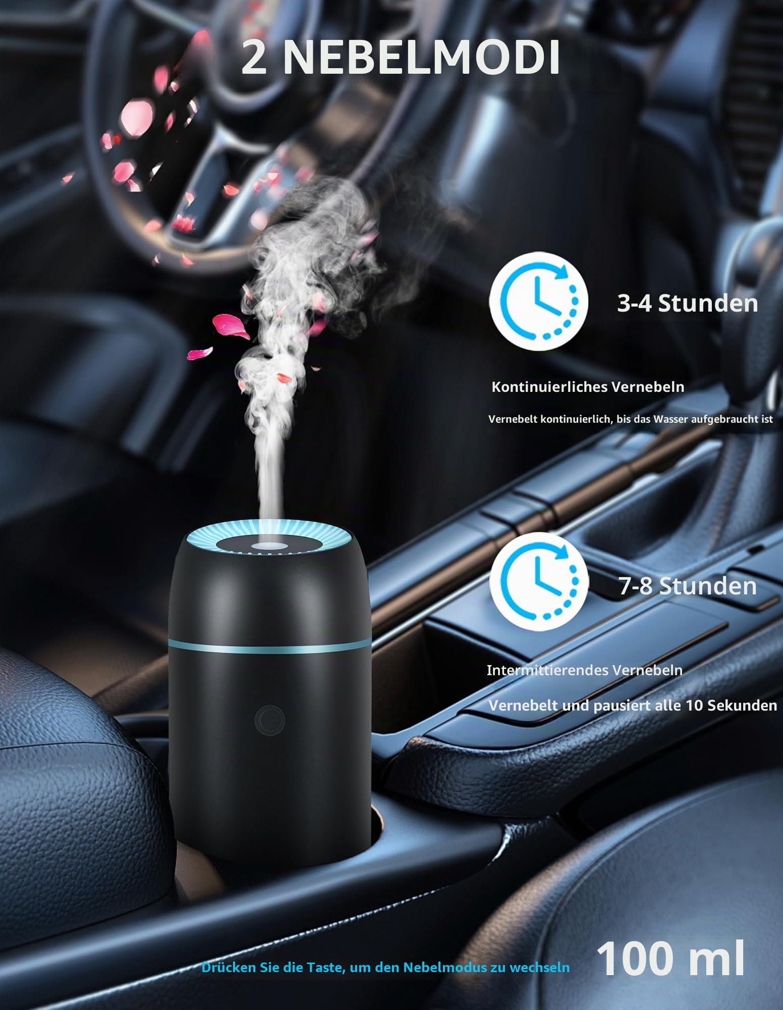 Auto-Diffusor für ätherische Öle und tragbare Mini-Ultraschall-Luftbefeuchter, 100 ml, USB-Aromatherapie-Diffusor mit bunten Lichtern für kleine Räume, Zuhause und Büro