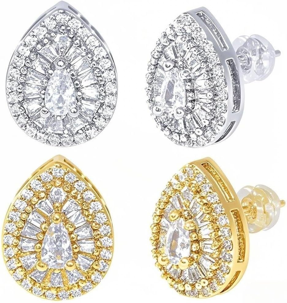 LuReen Earring Studs for Men Women - 18K Gold Plated Cubic Zirconia Stud Earrings Set, Iced Out CZ Studs, Simulated Diamond Halo Earrings (2 Pairs)