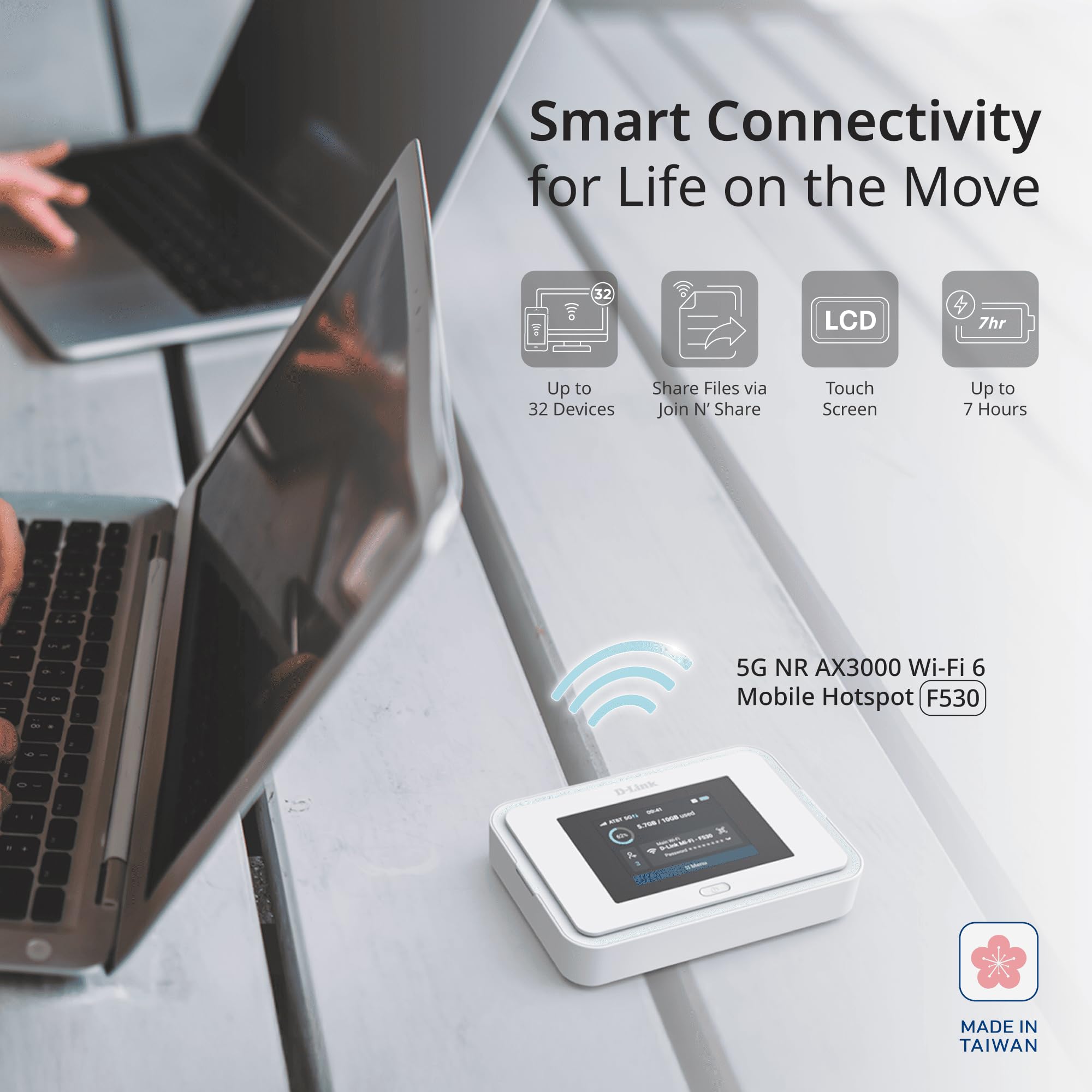 D-Link F530 Hotspot Móvil 5G NR AX3000 Wi-Fi 6, Router 5G Portátil hasta 7,01 Gbps, Pantalla Táctil 2,4", 32 Dispositivos, Batería 5260 mAh, USB-C PD, microSD, Ranura SIM