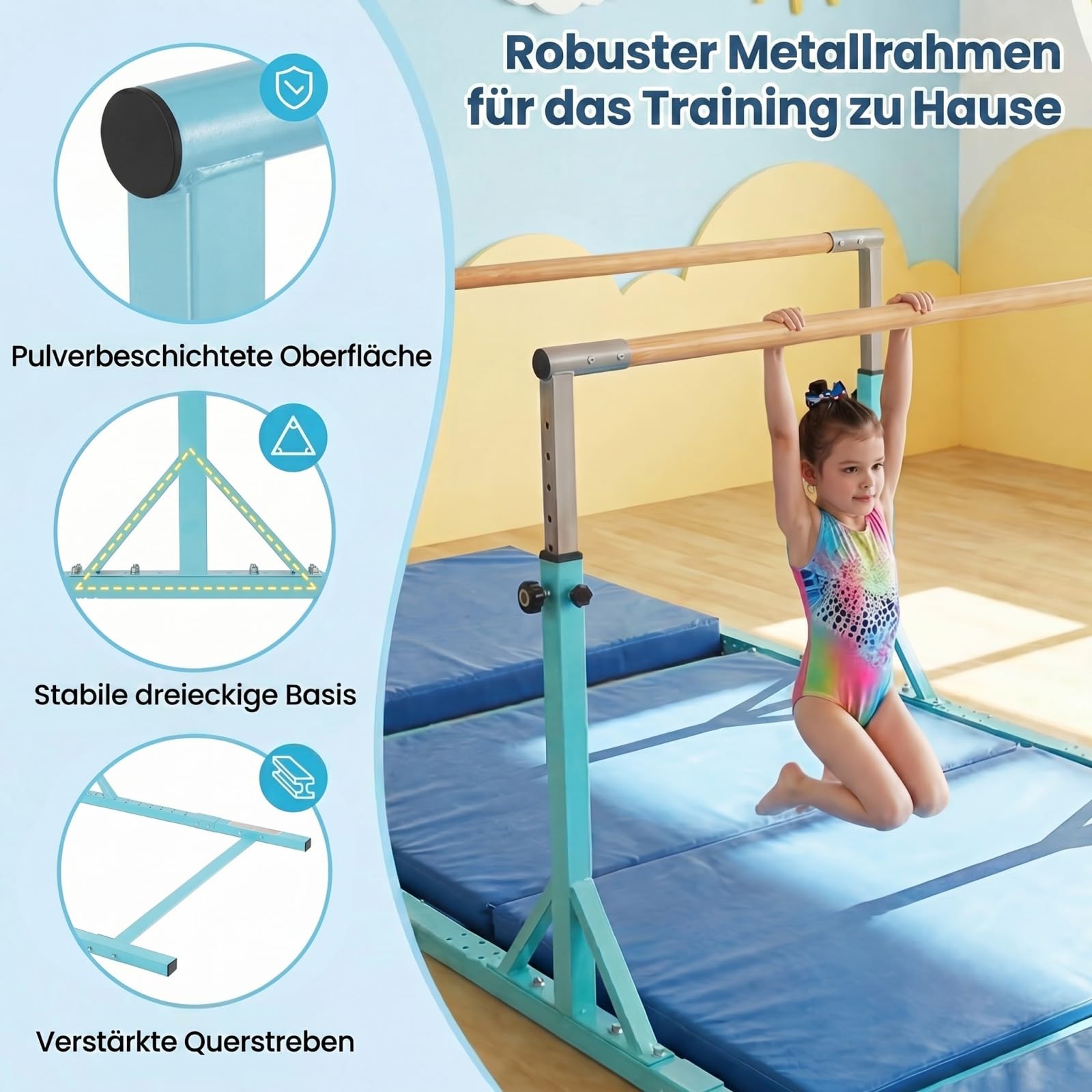 GYMAX Gymnastikstange für Kinder, Turnstange mit 13 Höhenverstellbar, Reck Turnen bis 100kg belastbar, Turnreck für Zuhause & Fitnessstudio, 251 x 144 x 84,5-144,5 cm