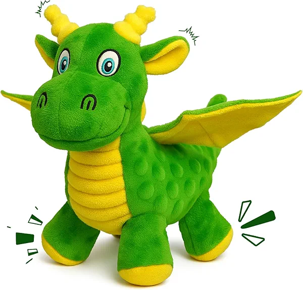 Squeaky Dog Toys - Soft Plush Dragon Dog Toy with 5 Squeakers & Crinkle Paper, Gift for Small, Medium and Large Dogs to Keep Them Busy (Green,10")