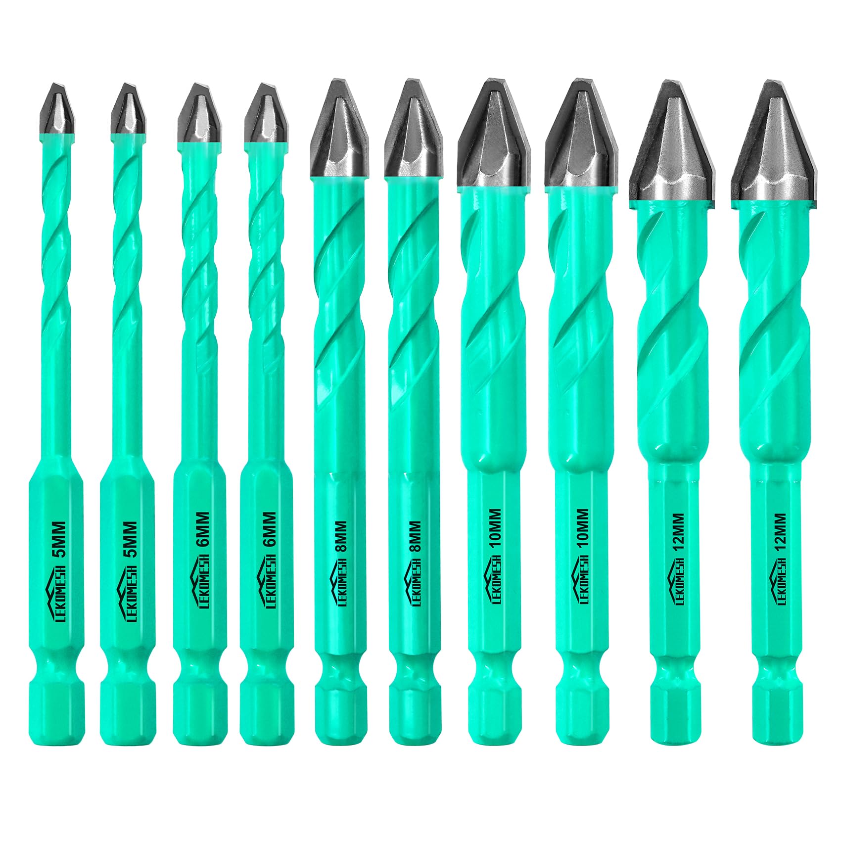 Set Punte Trapano Carburo - 10 pezzi 5mm*2+6mm*2+8mm*2+10mm*2+12mm*2 Punte Trapano Gres Porcellanato per Legno, Plastica, Muratura,Ceramica, Marmo, Vetro, Cambio Rapido con Gambo Esagonale