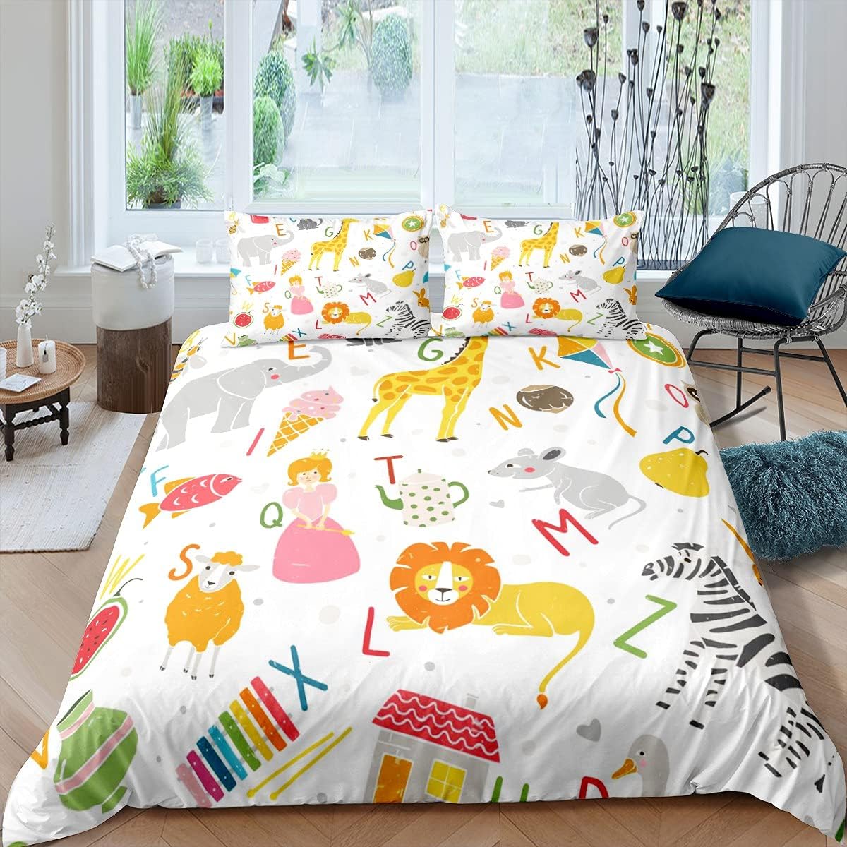 Nursery Wild Animals Bedding Set Kids Cartoon Letters Comforter Cover for Boys Girls Teens Children Animals Duvet Cover Educational Funny Teach Print Bedspread Cover Room Decor Quilt Cover F