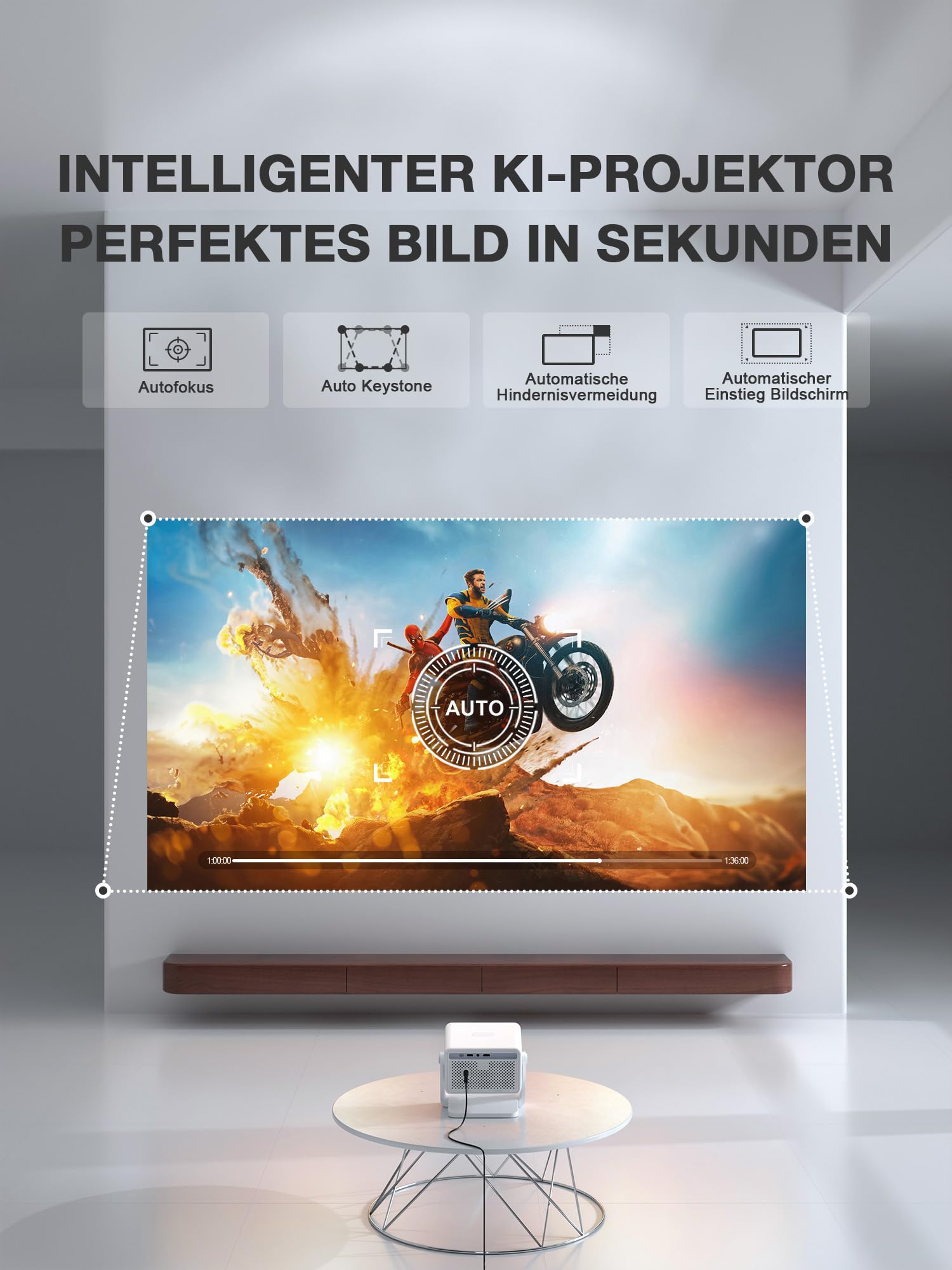Smart Mini Beamer 4k [Offiziell Lizenzierter APP ] VISSPL 3000ANSI 4K Heimkino & Outdoor Beamer, Autofokus/Trapezkorrektur, WiFi6 Bluetooth Full HD 1080P Video Projektor für Handy/PC