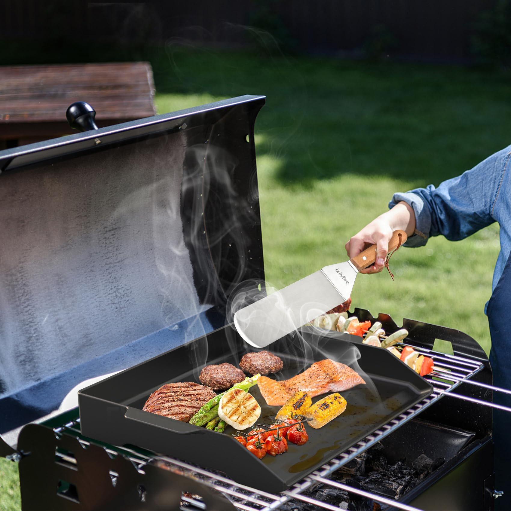 Onlyfire Piastra per Barbecue Universale in Ghisa Smaltata, Piastra per Griglia con Pareti Laterali Extra Alte per Griglia a Gas e Fornello, 47.2 x 35.5 cm