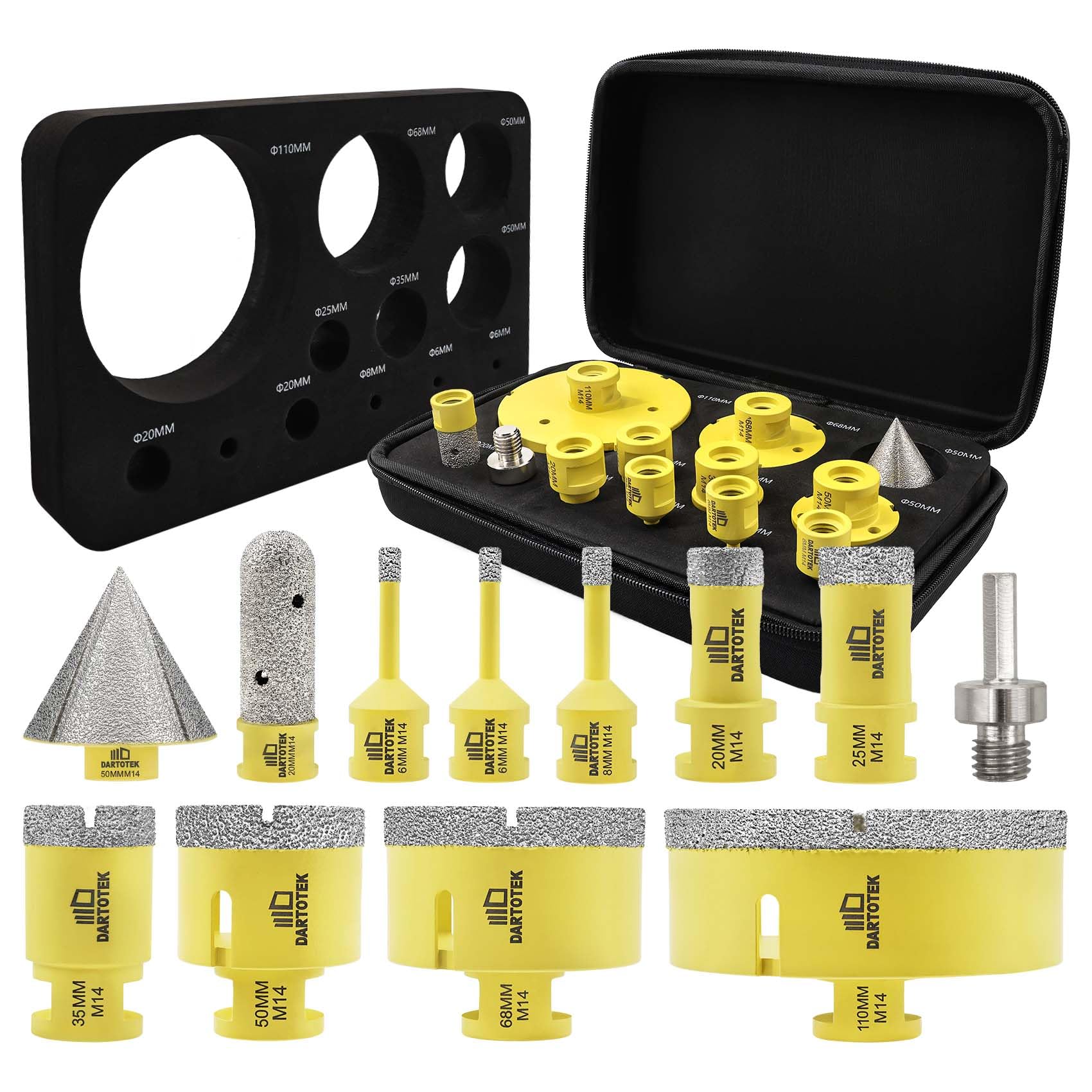 Foret Diamant Carrelage 12 Pièces - 9 Scies Cloche M14 (6/6/8/20/25/35/50/68/110mm), Fraise 20mm, Chanfrein 50mm, Adaptateur M14/Hex pour Céramique, Marbre, Granit, pour Meuleuse