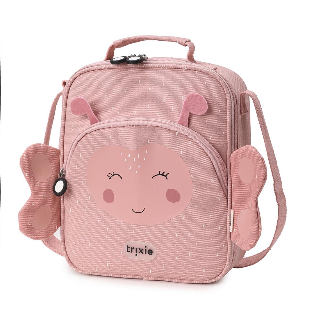 Trixie Isolierter Thermo - Brotbeutel mit Schultergurt, Vordertasche mit Reißverschluss, Namensschild, für Kinder in Schule, Kindergarten und Krippe (Mrs. Butterfly)