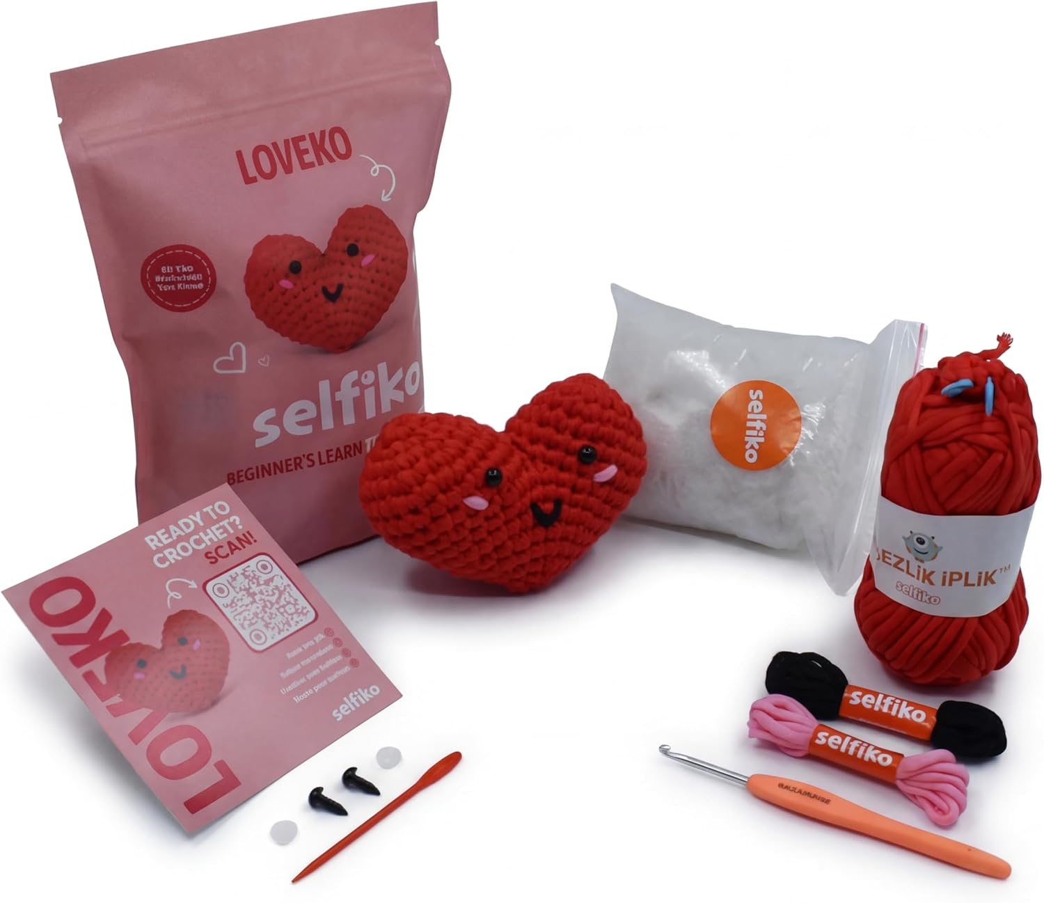 Selfiko Crochet Kit for Beginners – Complete Amigurumi Starter Pack with Pre-Started Magic Ring, Step-by-Step Video Tutorials & Simple Yarn – Learn to Crochet Easily (Loveko The Heart)