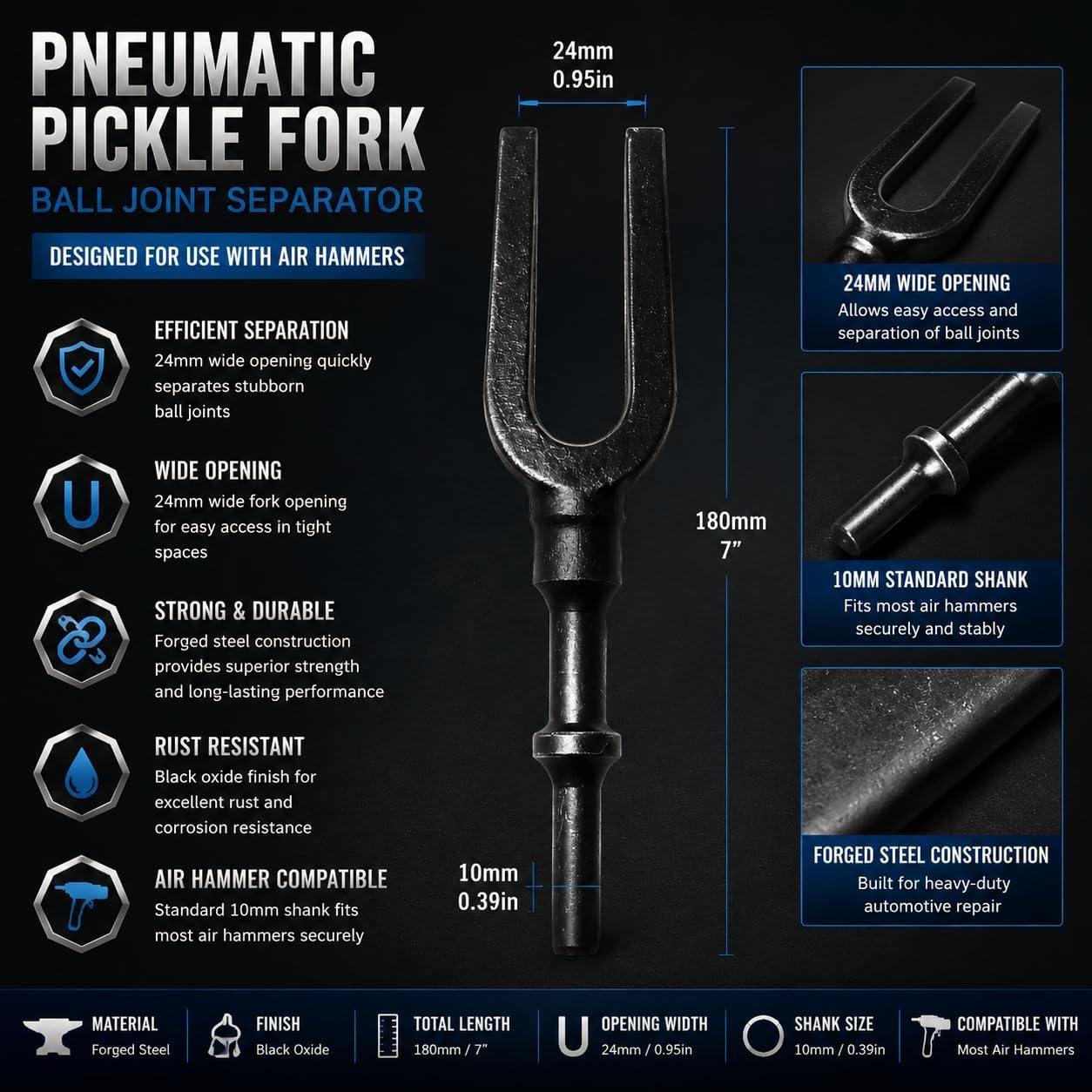 Pneumatic Separating Pickle Fork for Ball Joint and Tie Rod Removal | precision heat-treated,Industrial-grade forged steel,high impact resistance,Advanced anti-rust coating,Precision fork angle