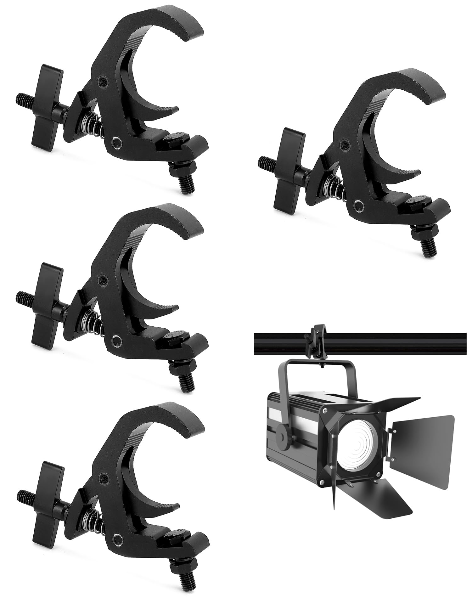 QWORK Truss Clamp Stage Lights Clamp, 4 Pack Heavy Duty 330-pound Black Clamps for Moving Head Stage Lighting Fixtures, Fit 1.57-2.36 Inch OD Pipe