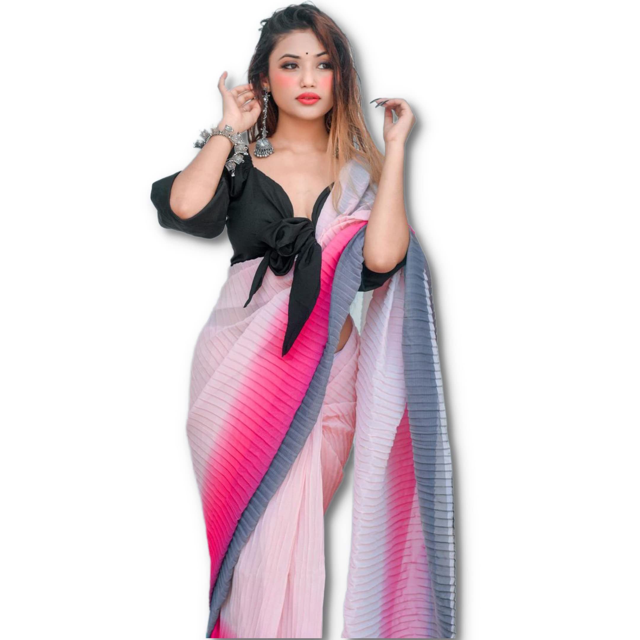 SidhidataWomen's Full Crushed/Pleated Georgette Saree With Unstitched Blouse Piece