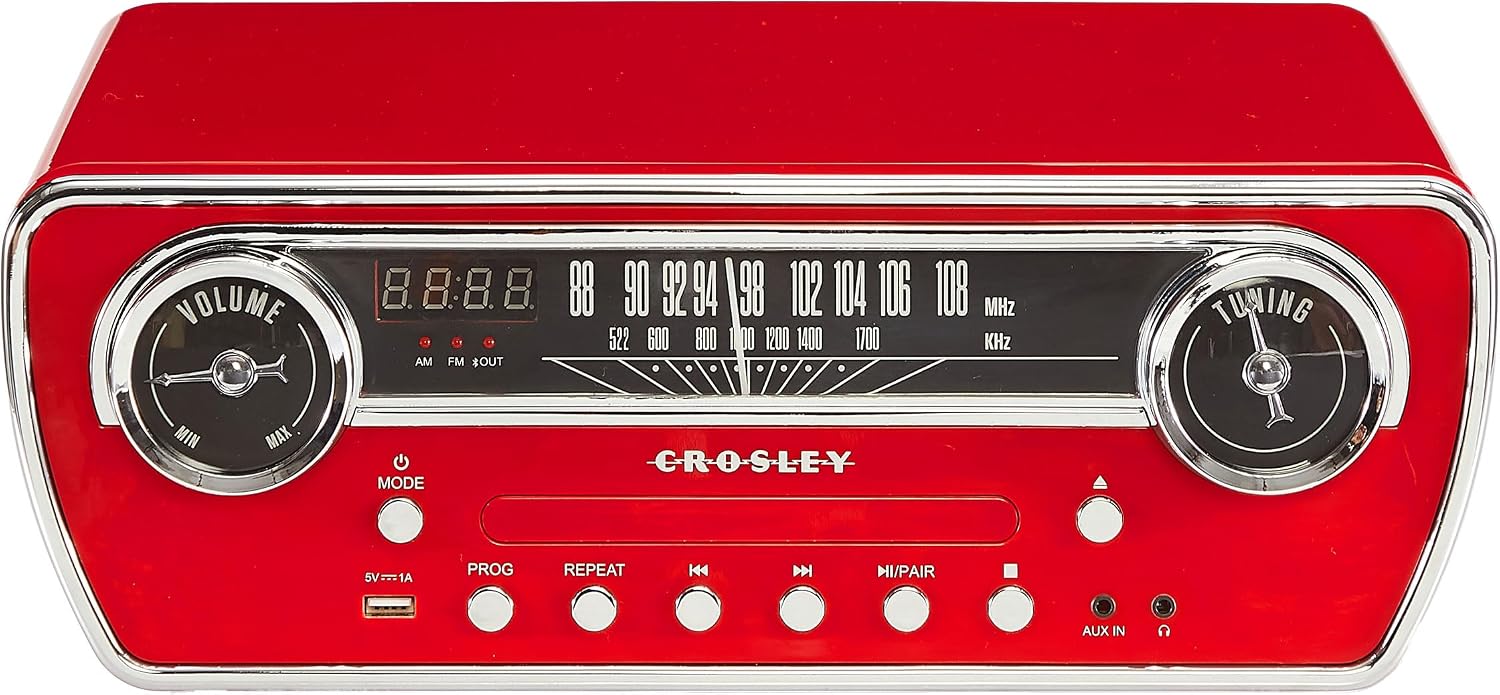 Crosley CR6047A-RE Powel 7-in-1 Bluetooth in/Out Vinyl Record Player with AM/FM Radio, CD Player, and Aux-in, Red