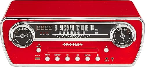 Miniatura 8 de Crosley CR6047A-RE Powel - Reproductor de discos de vinilo Bluetooth 7 en 1 con radio AMFM, reproductor de CD y entrada auxiliar, rojo