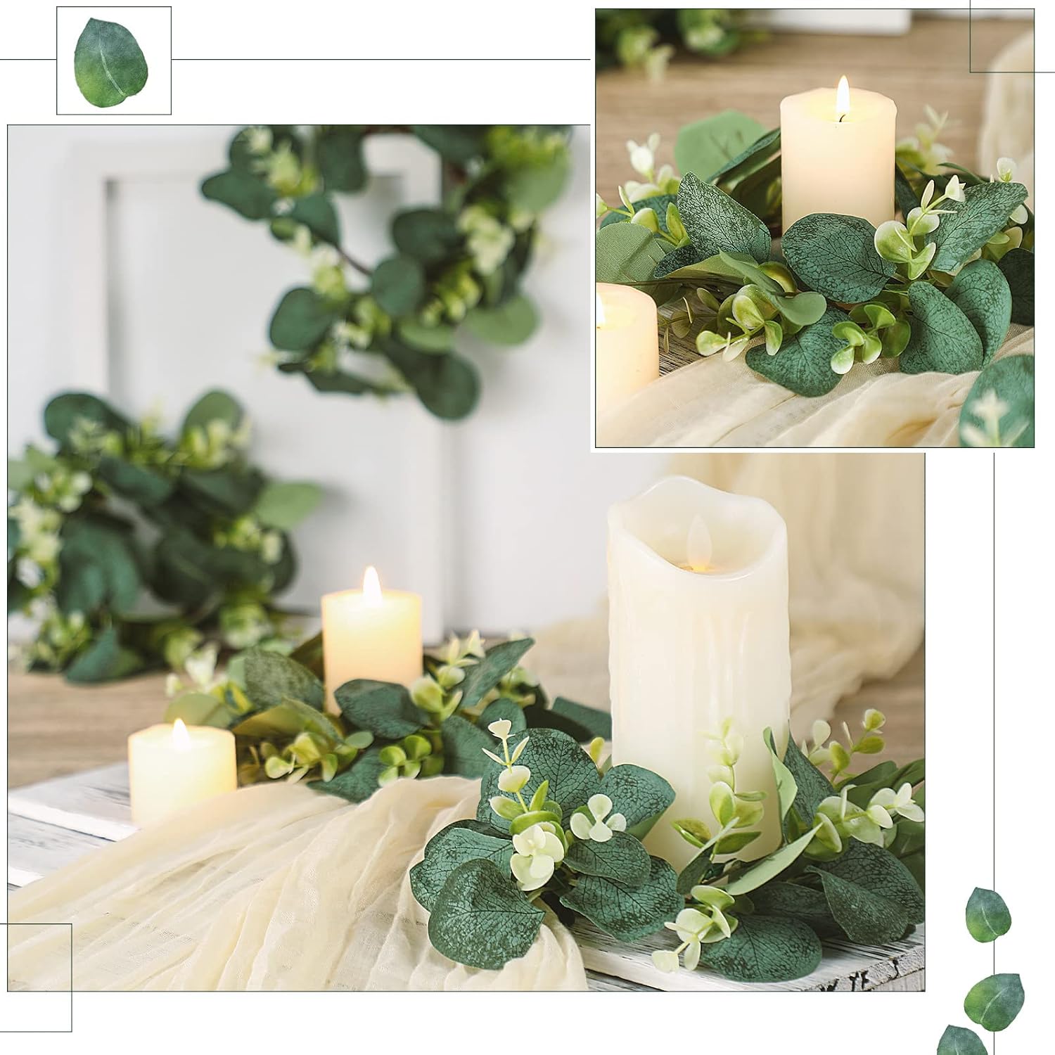 waydress 8 pcs candle rings artificial eucalyptus leaves candle wreaths 10 inch boho greenery wreaths rings for pillars candleholders for wedding party home table door vivid style