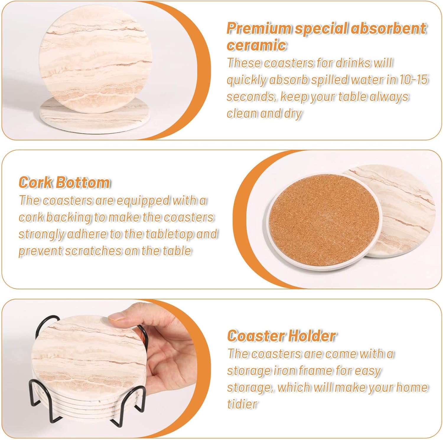 Acejoz Drink Coasters Set of 6, Absorbent Coaster for Coffee Table Decor, Marble Style Ceramic Coaster for Home Decor, 4 Inches - Image 5