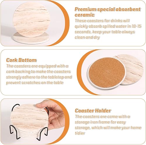 Vista 19 de Acejoz Posavasos con soporte, juego de 6, diseño de terrazo, cerámica, redondo, 4 pulgadas Patrón de terrazo