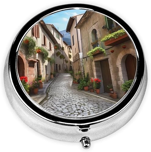 Pastillero redondo Italian Town Street lindo pequeño pastillero de 3 compartimentos para bolsillo de bolso, contenedor de píldoras portátil para
