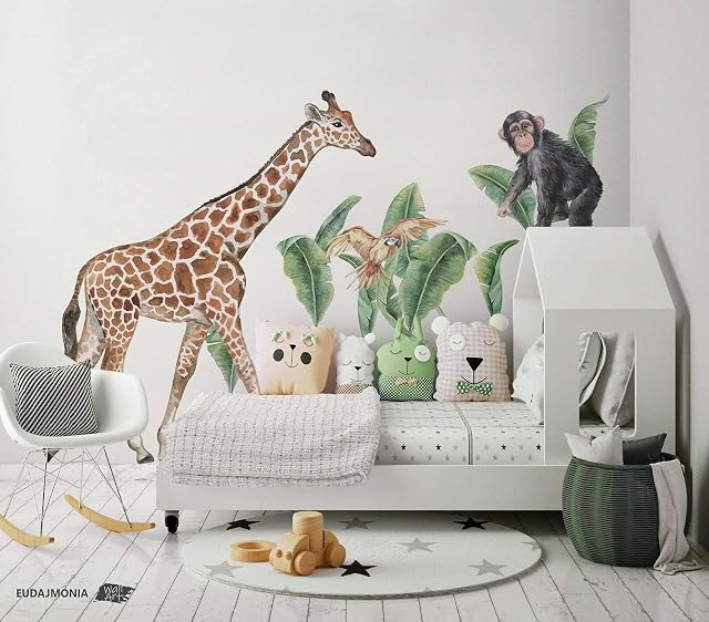 Safari Animals Wall Decal Set Kids Watercolour Removeable for Children's Bedroom Nursery Novelty Stickers Big Wall