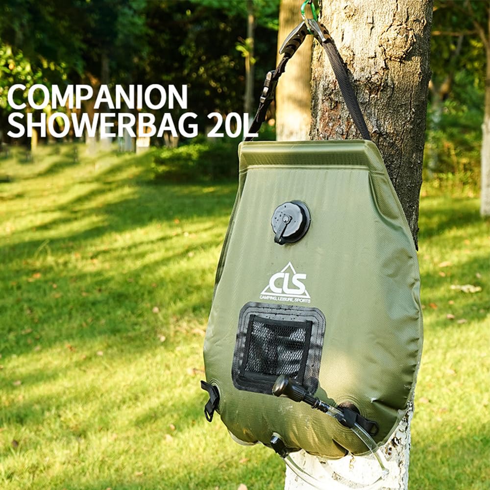 Solar Camping Shower Bag, Portable 5 Gal/20L Outdoor Shower Bag Upgraed Rotary Switch Shower Head, Thermometer, Storage Bag (Black)