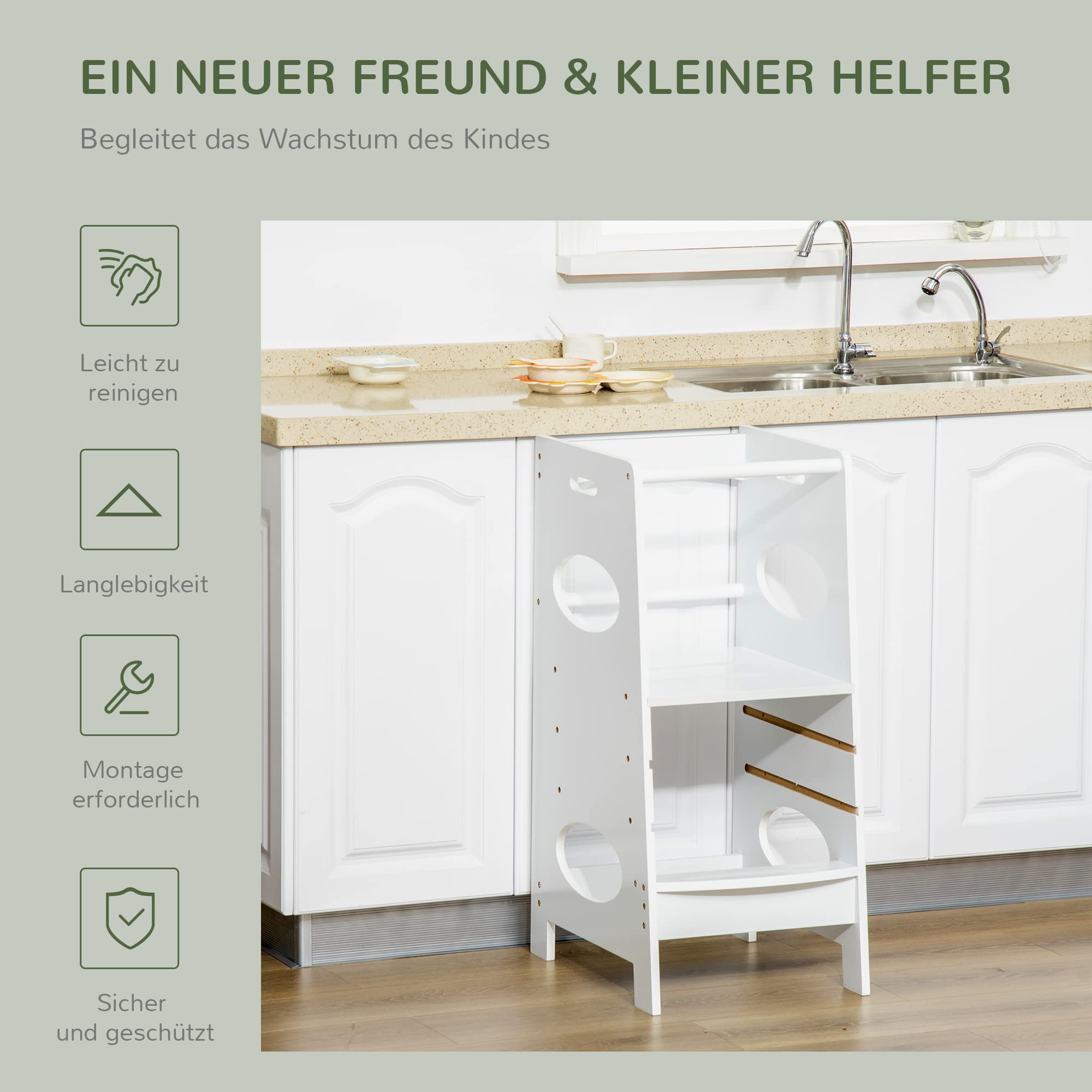 HOMCOM Lernturm für Baby Tritthocker Schemel Stehender mit 3 Stufen Küchenhelfer für 3+ Jahre Kinder Jahre Sicherheit Bad Schlafzimmer Küche Weiß 40 x 50 x 90 cm